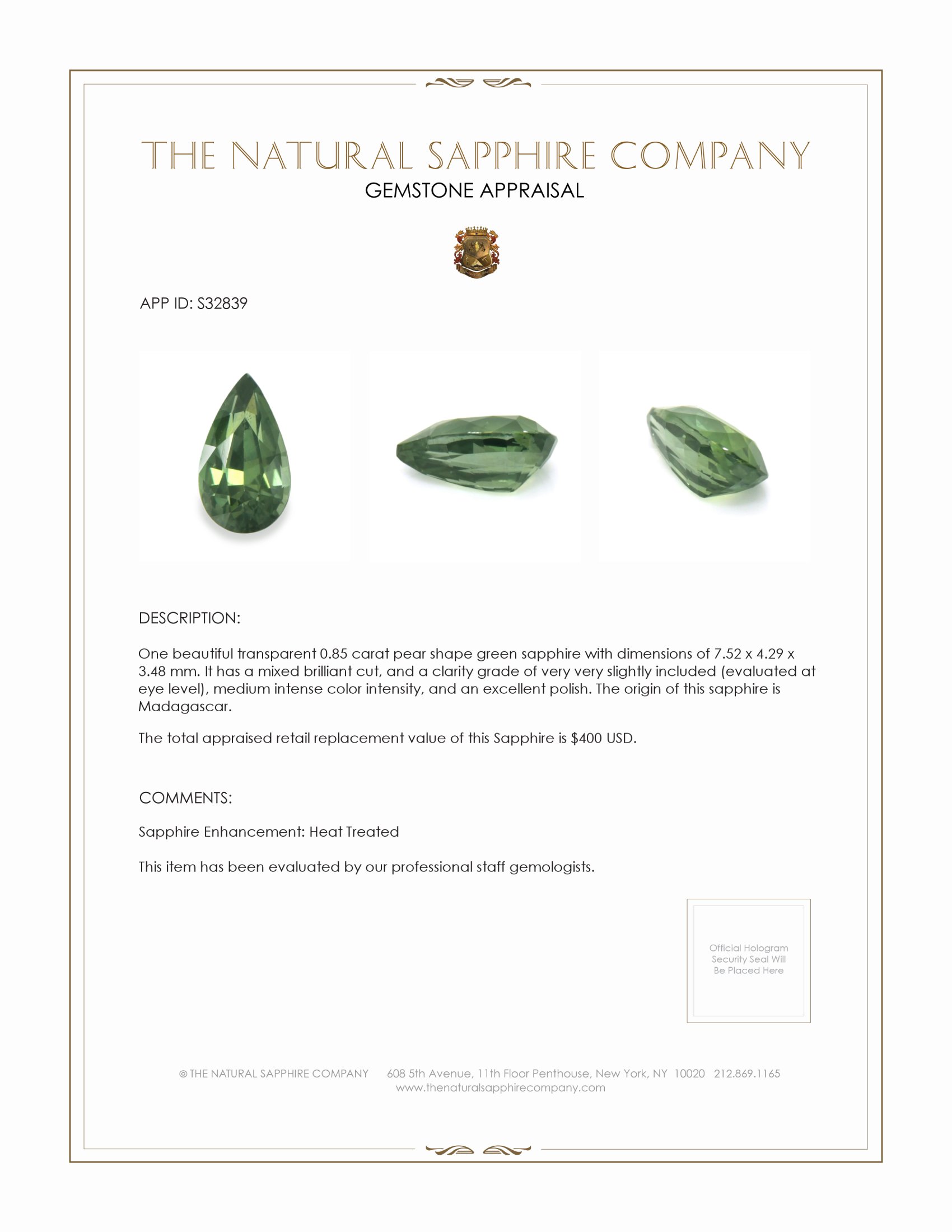 0.85 Ct. Green Sapphire from Madagascar