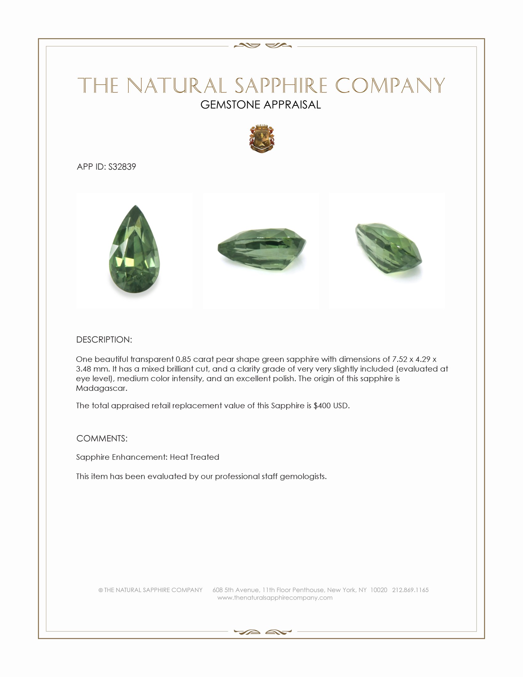 0.85 Ct. Green Sapphire from Madagascar