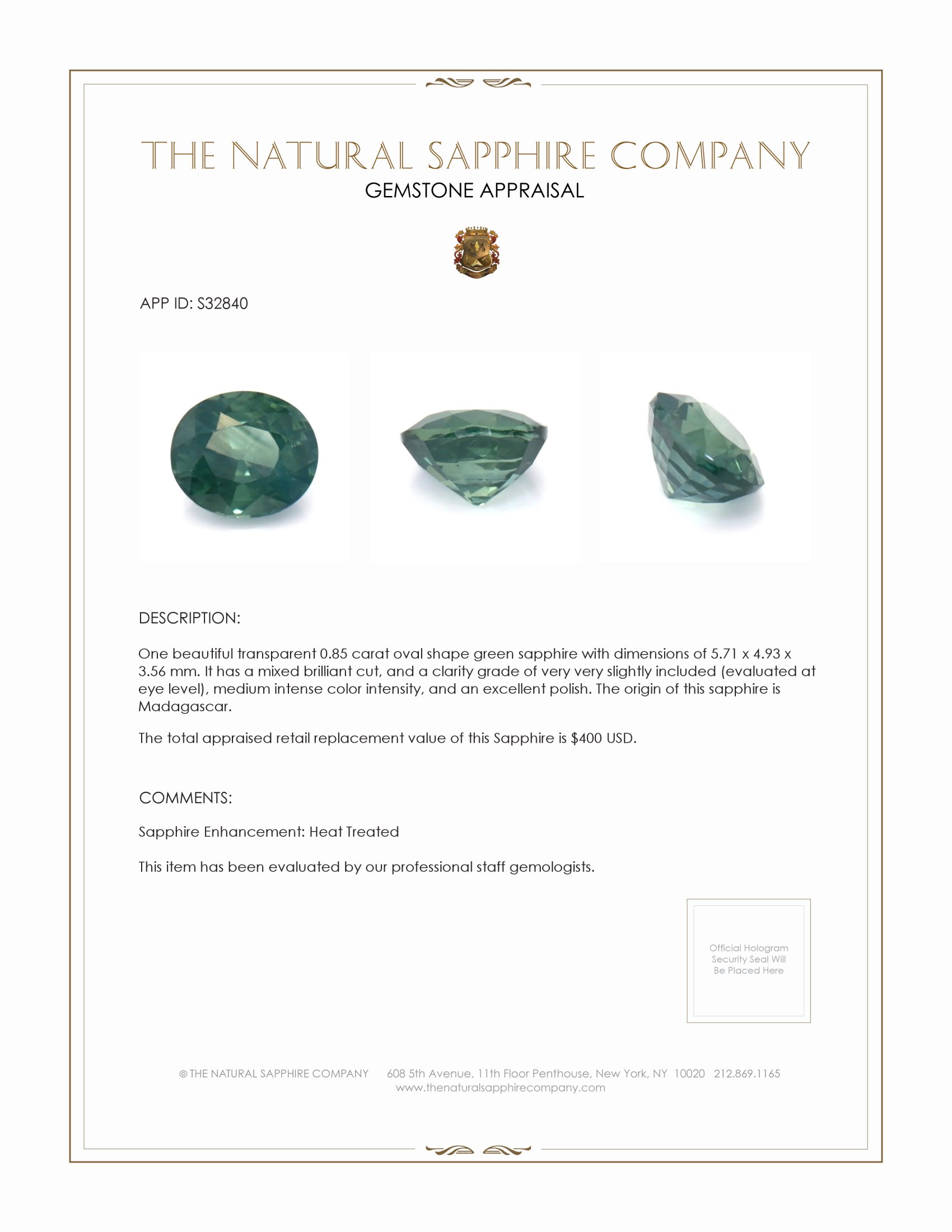 0.85 Ct. Green Sapphire from Madagascar