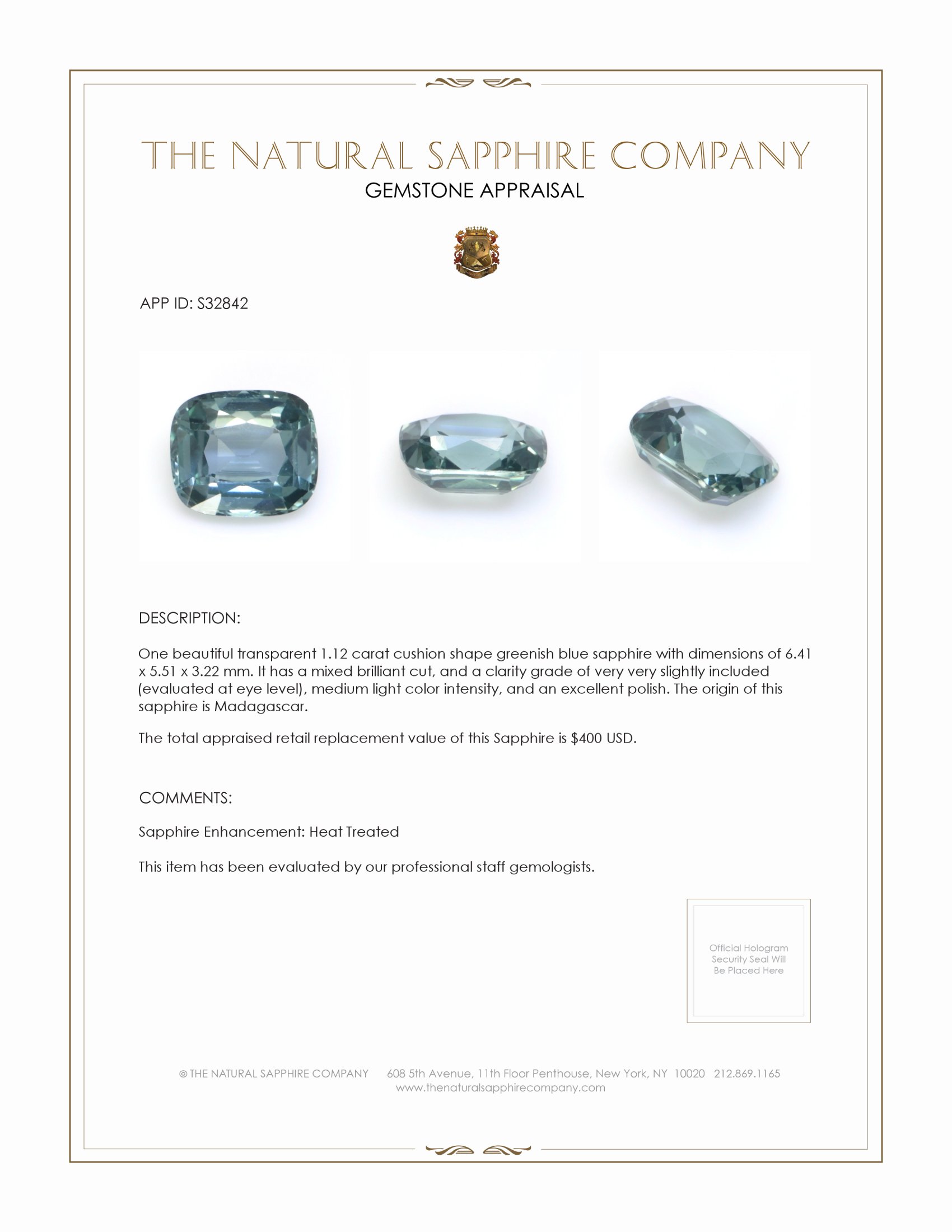 1.12 Ct. Greenish Blue Sapphire from Madagascar