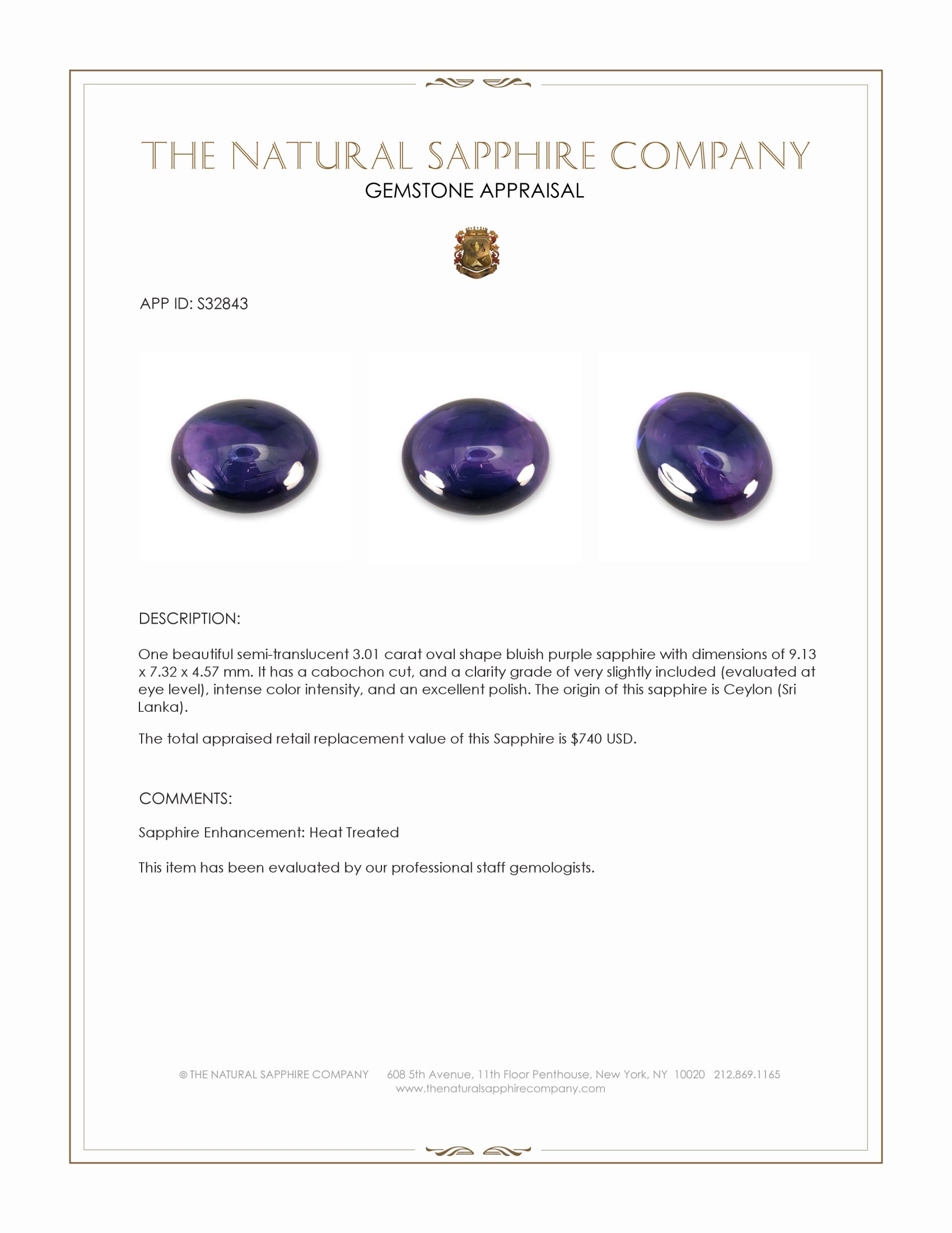 3.01 Ct. Bluish Purple Cabochon Sapphire from Ceylon (Sri Lanka)