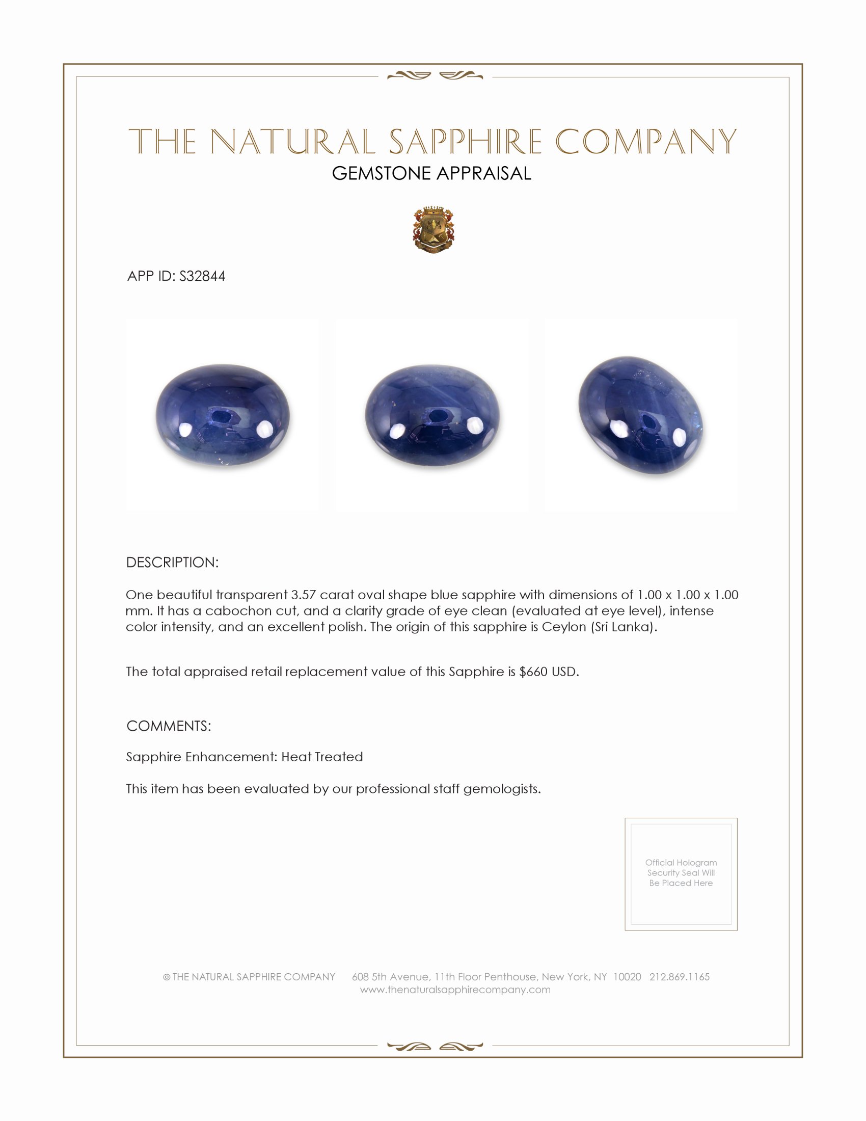 3.57 Ct. Blue Cabochon Sapphire from Ceylon (Sri Lanka)