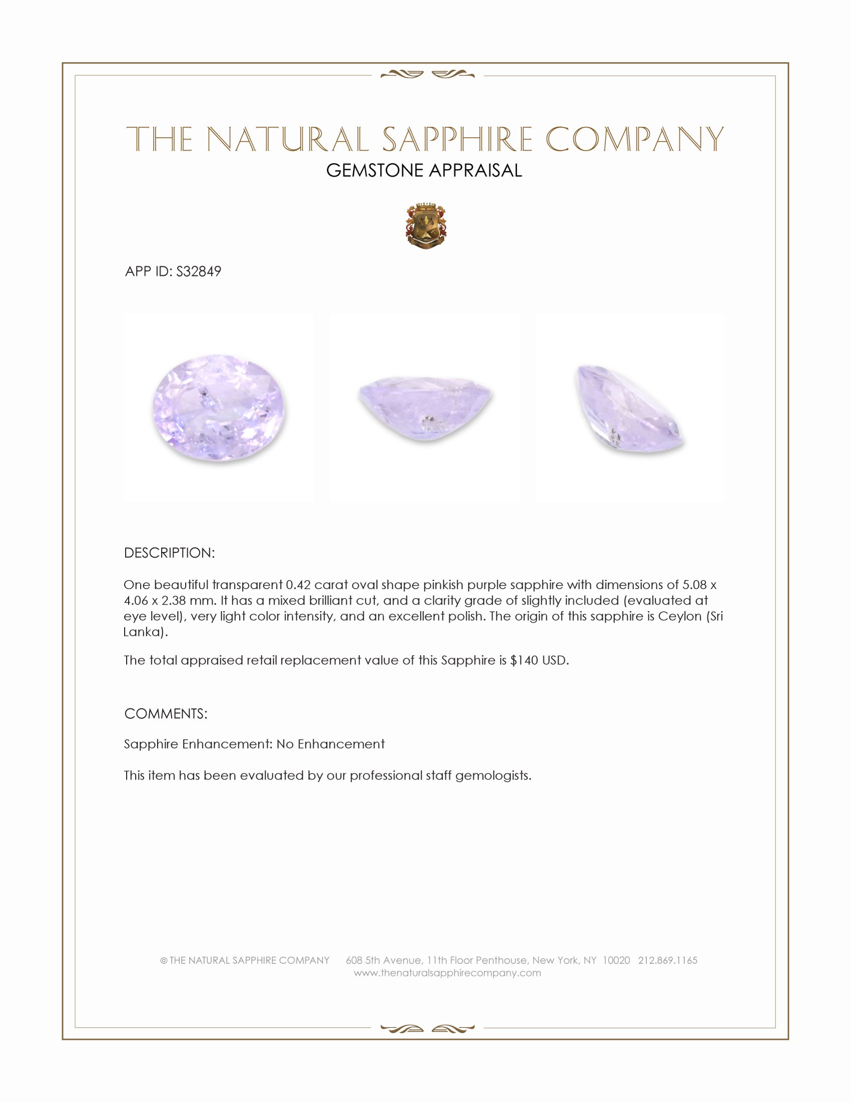 0.42 Ct. Pinkish Purple Sapphire from Ceylon (Sri Lanka)