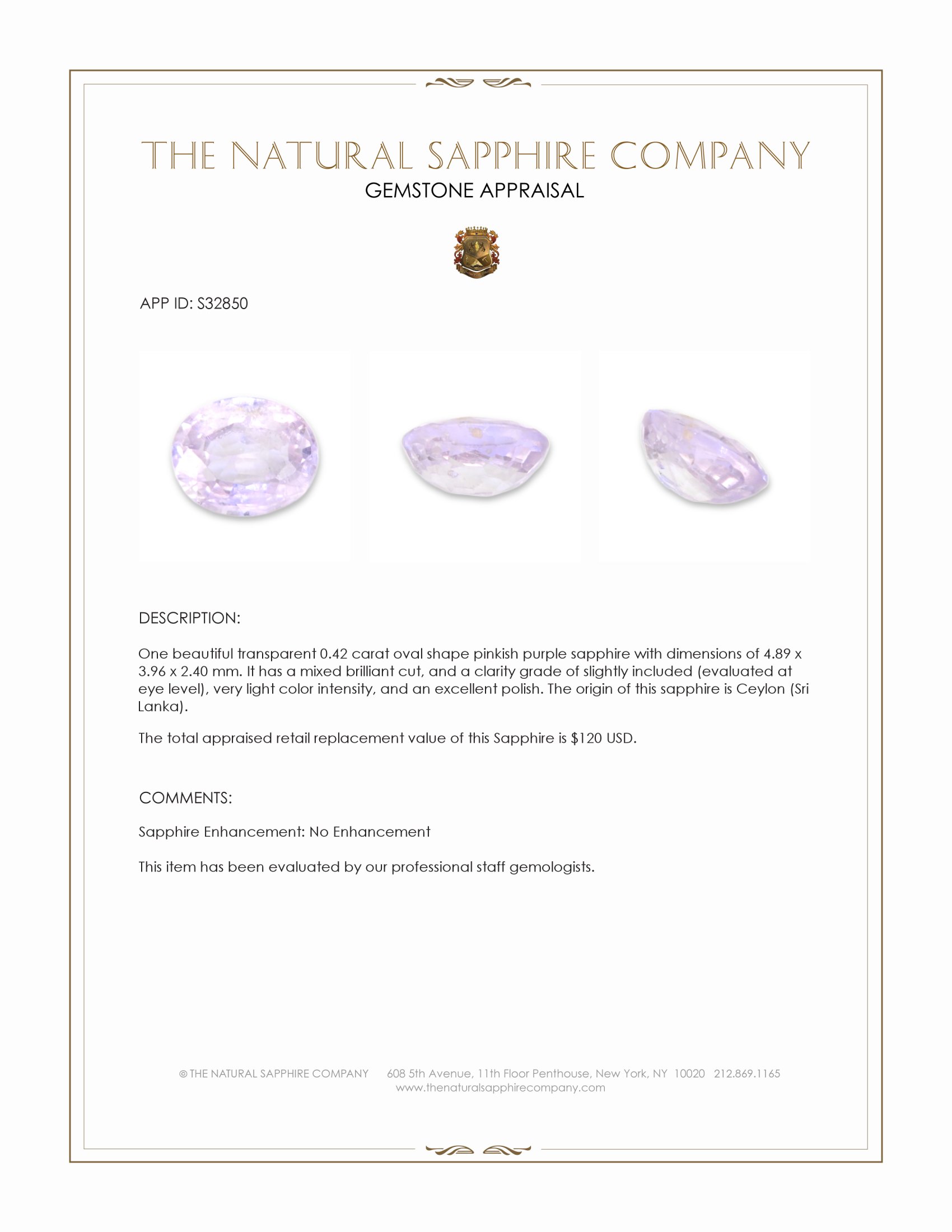 0.42 Ct. Pinkish Purple Sapphire from Ceylon (Sri Lanka)