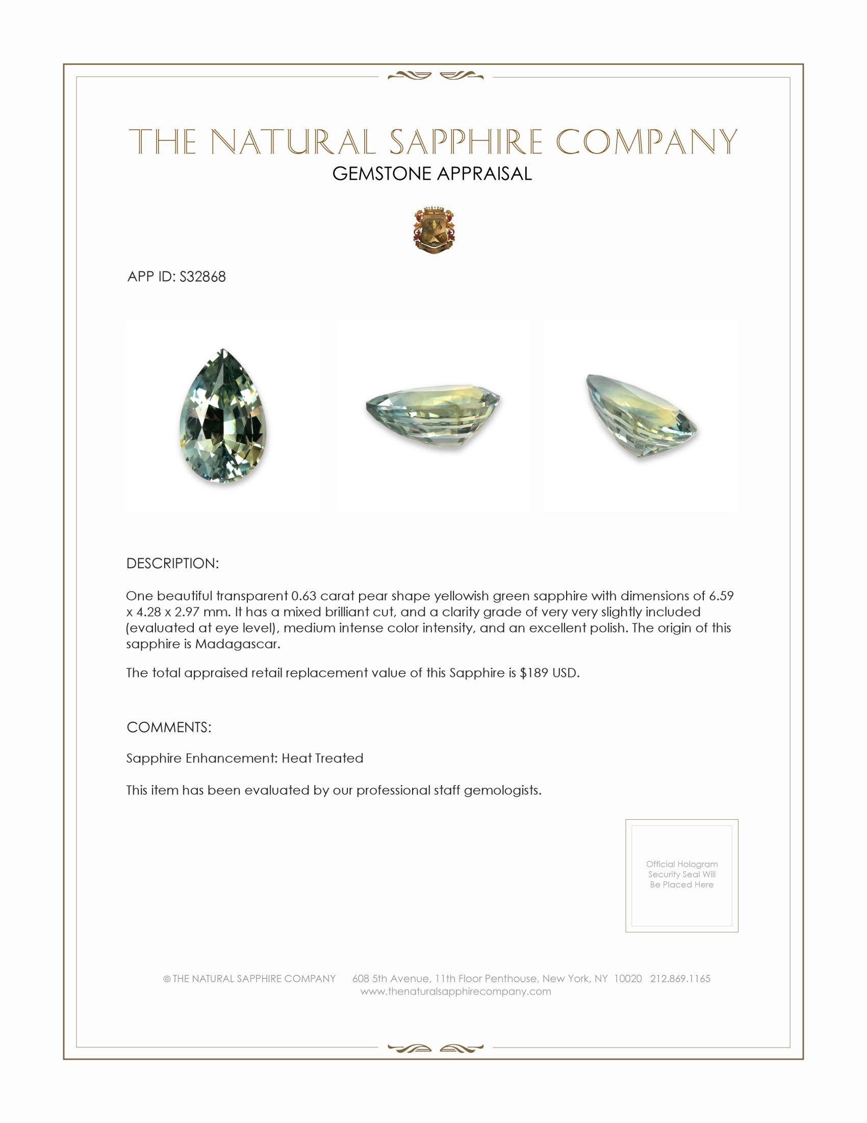 0.63 Ct. Yellowish Green Sapphire from Madagascar