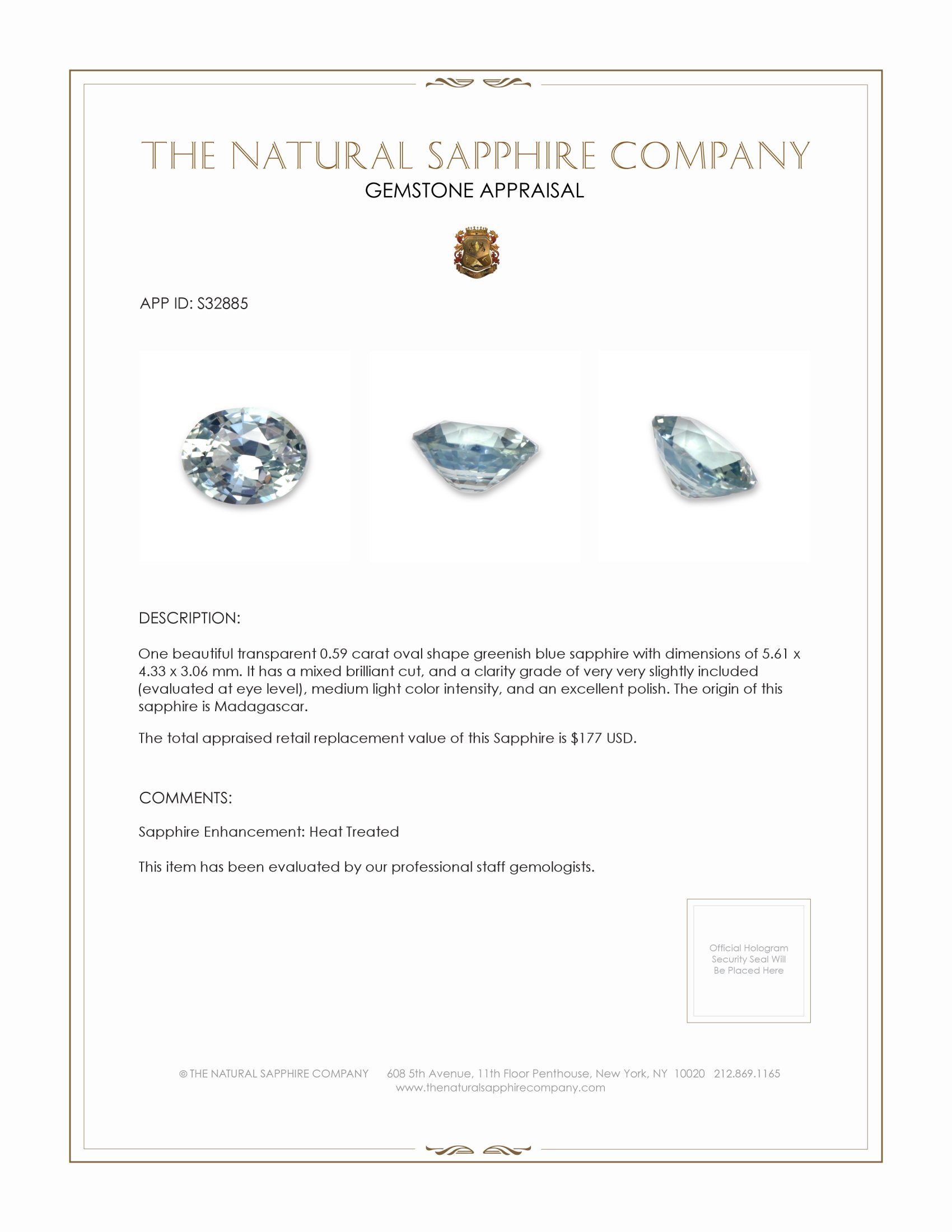 0.59 Ct. Greenish Blue Sapphire from Madagascar