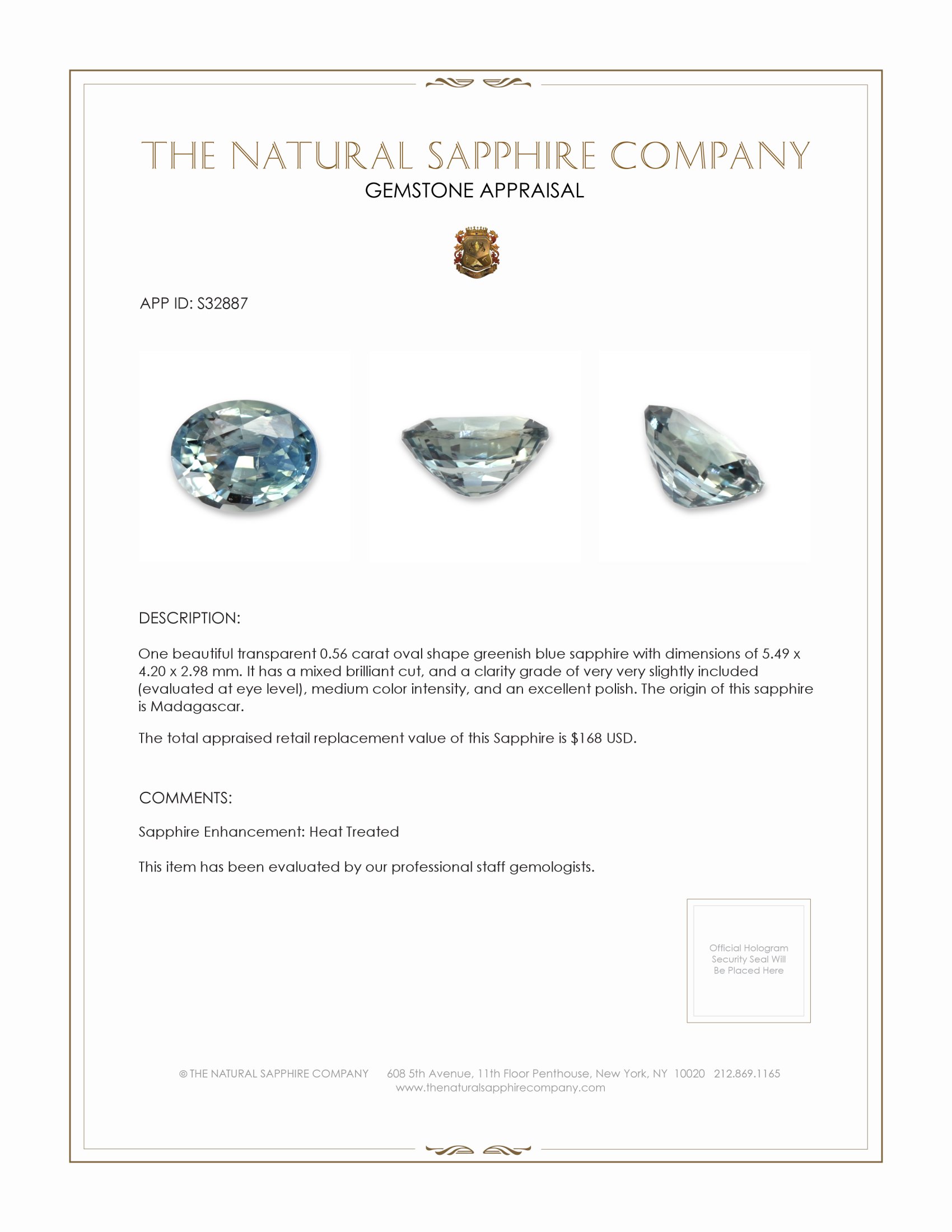 0.56 Ct. Greenish Blue Sapphire from Madagascar