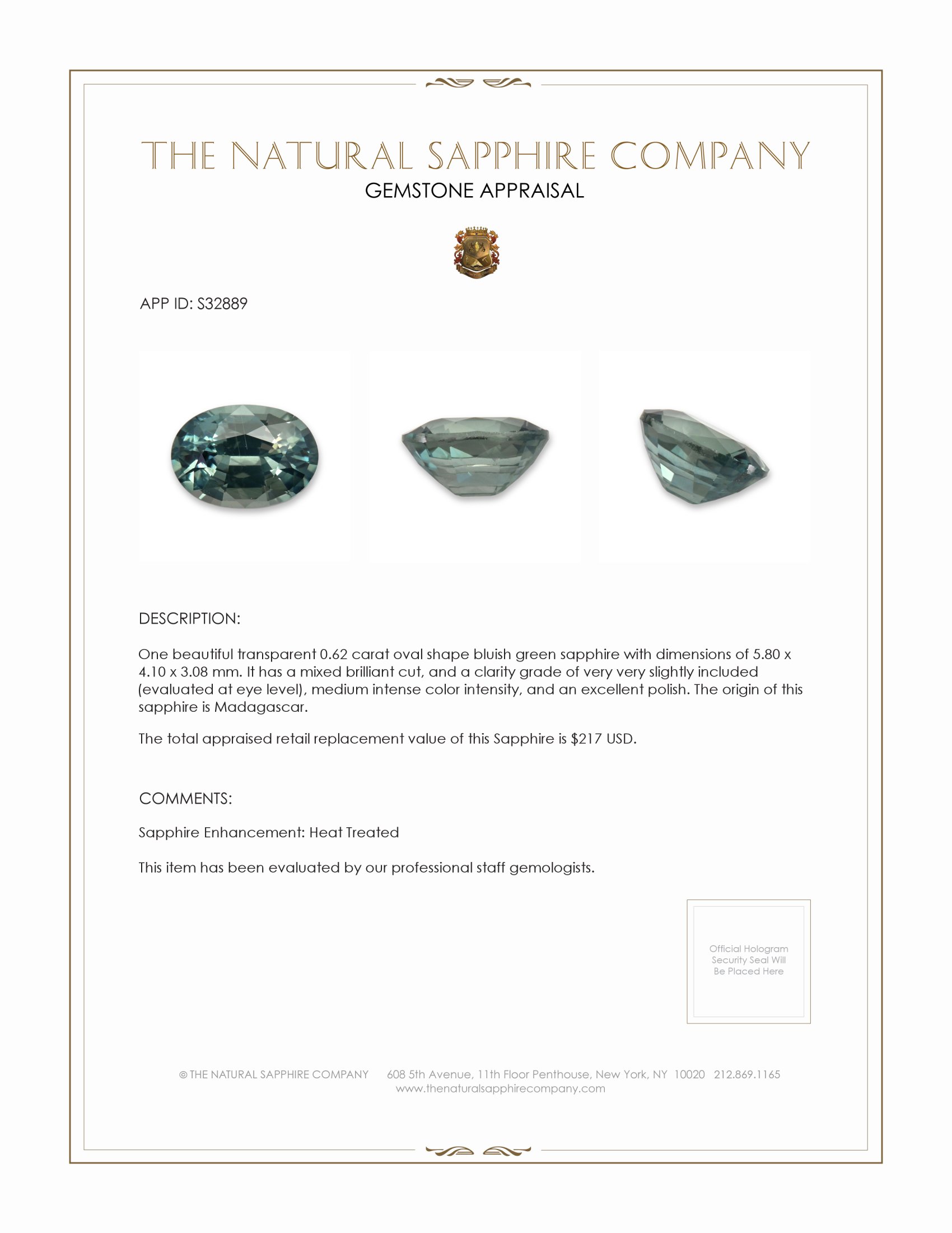 0.62 Ct. Bluish Green Sapphire from Madagascar