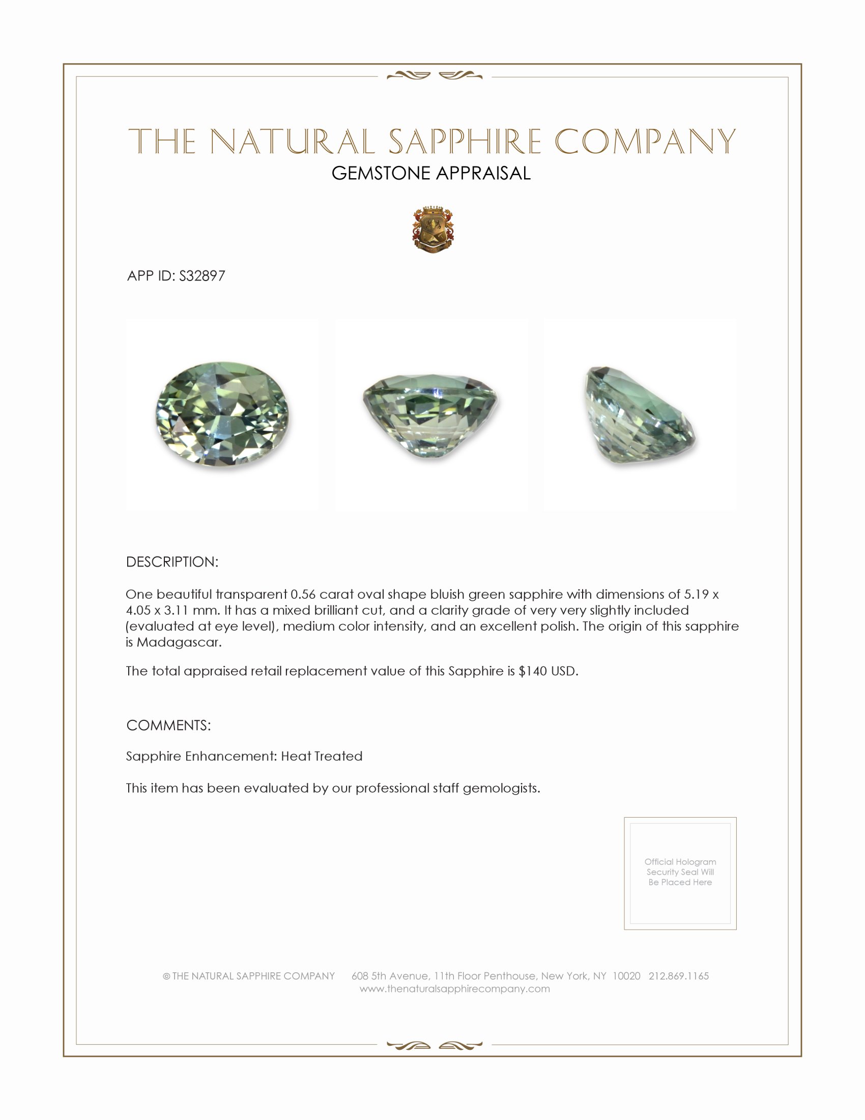 0.56 Ct. Bluish Green Sapphire from Madagascar