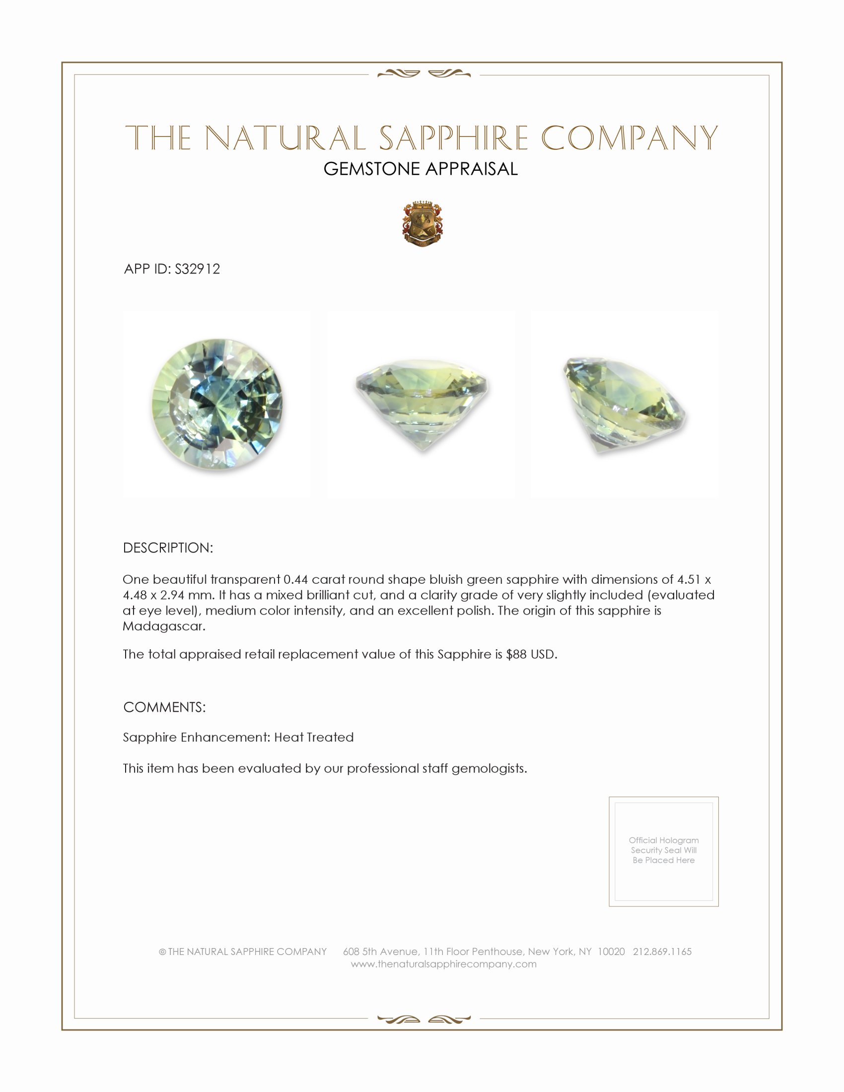 0.44 Ct. Bluish Green Sapphire from Madagascar
