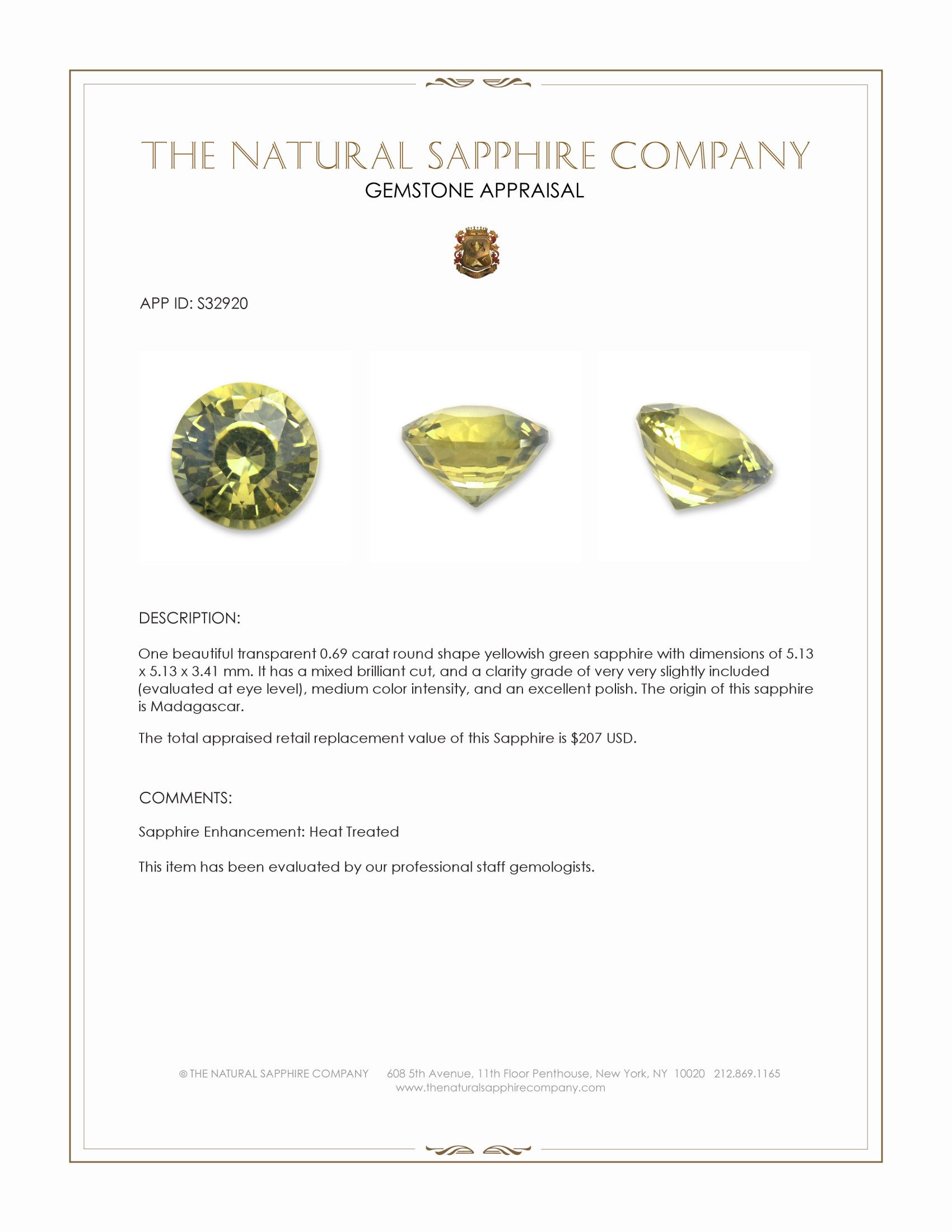 0.69 Ct. Yellowish Green Sapphire from Madagascar