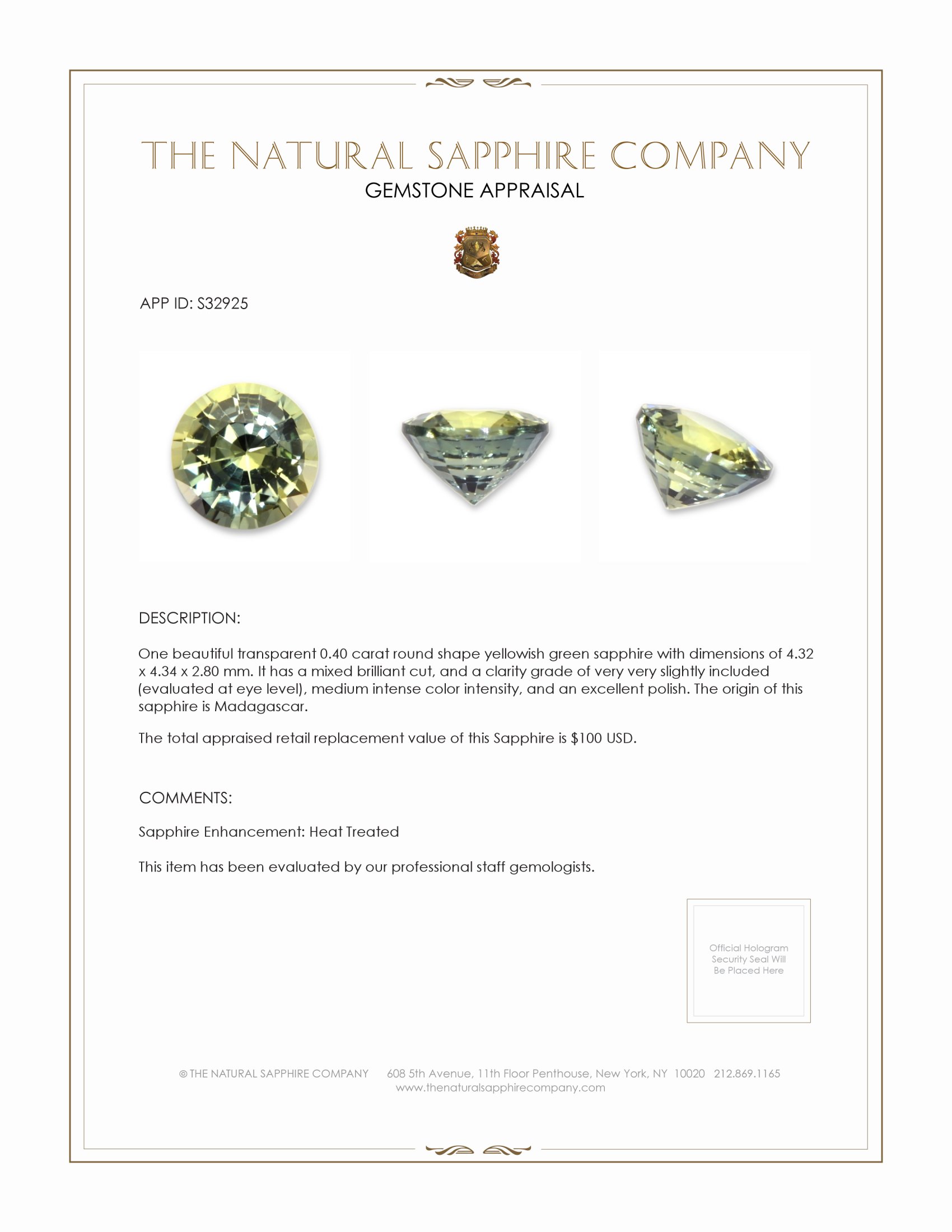 0.40 Ct. Yellowish Green Sapphire from Madagascar