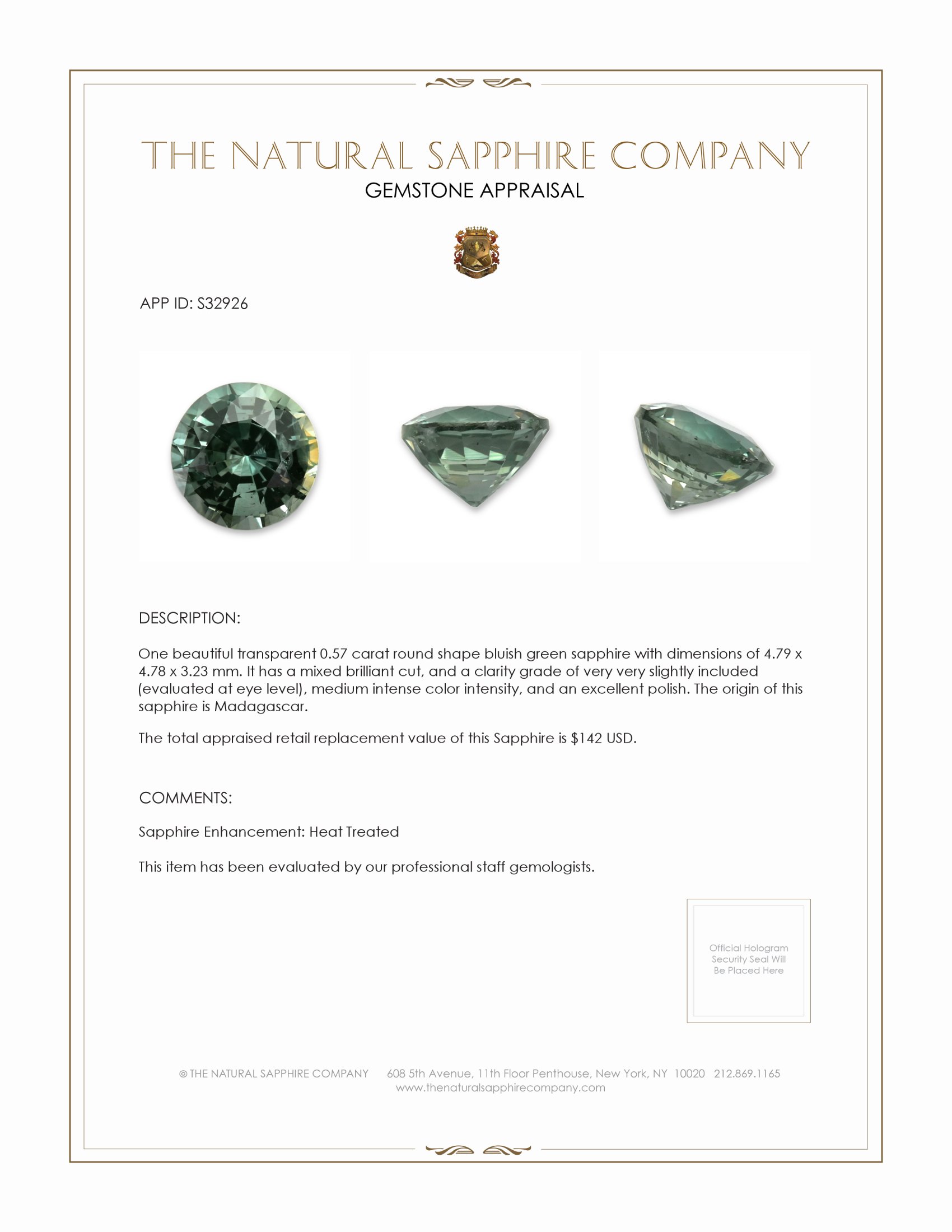 0.57 Ct. Bluish Green Sapphire from Madagascar