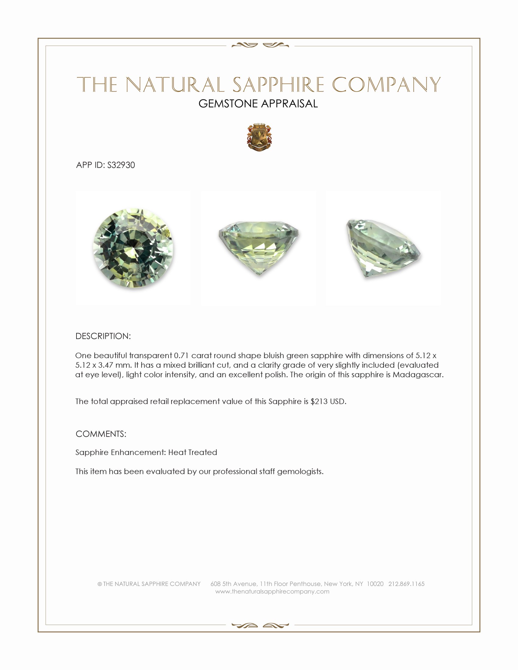 0.71 Ct. Bluish Green Sapphire from Madagascar