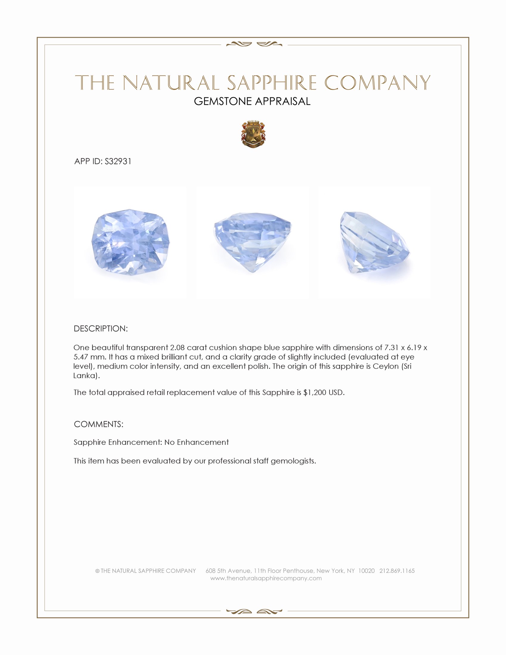 2.08 Ct. Blue Sapphire from Ceylon (Sri Lanka)