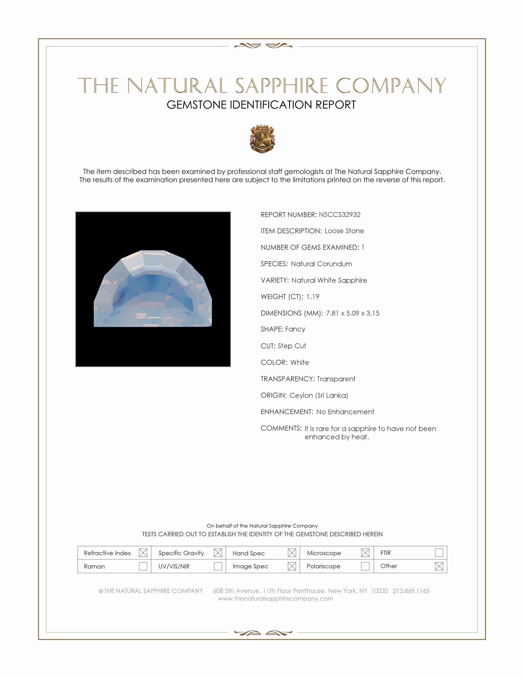 1.19 Ct. White Sapphire from Ceylon (Sri Lanka)
