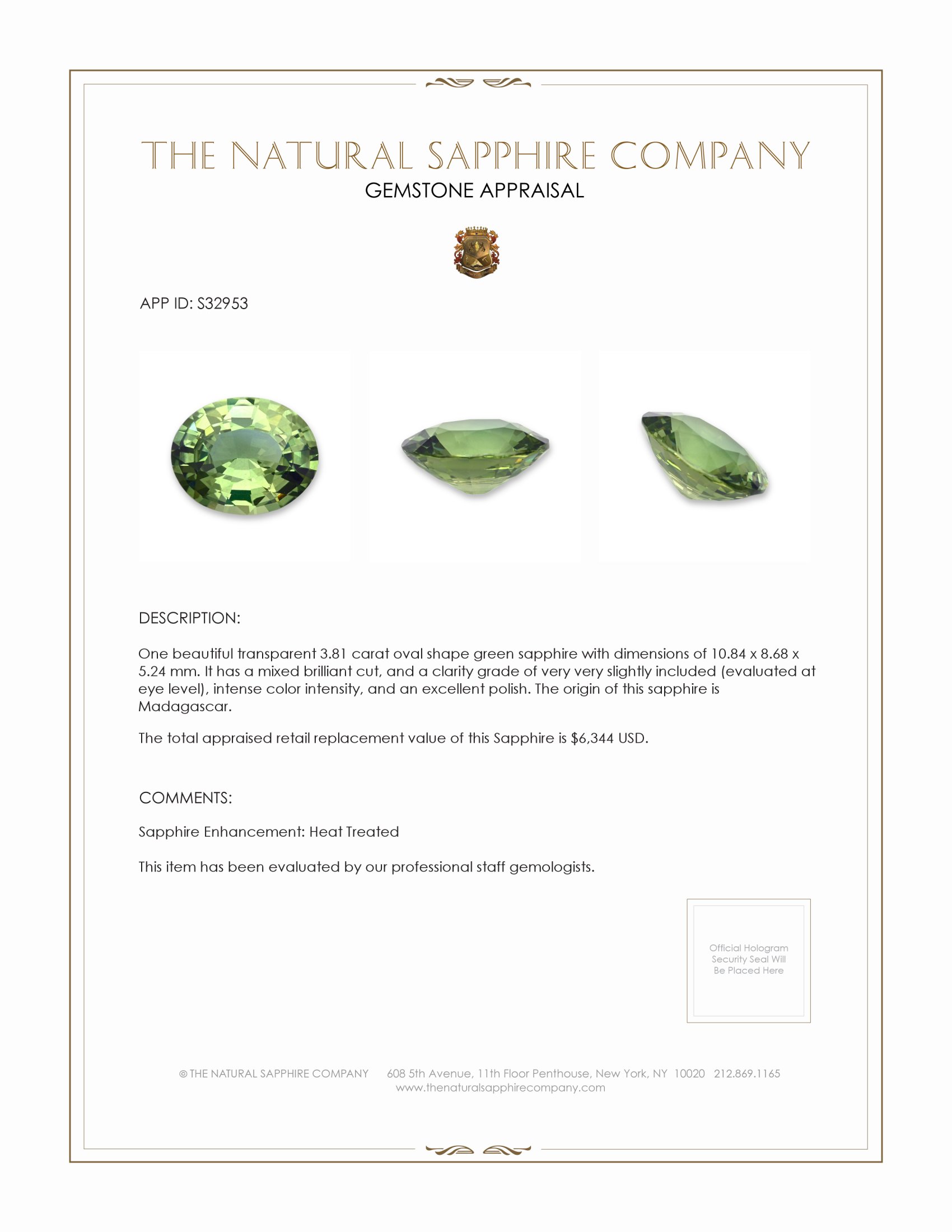 3.81 Ct. Green Sapphire from Madagascar