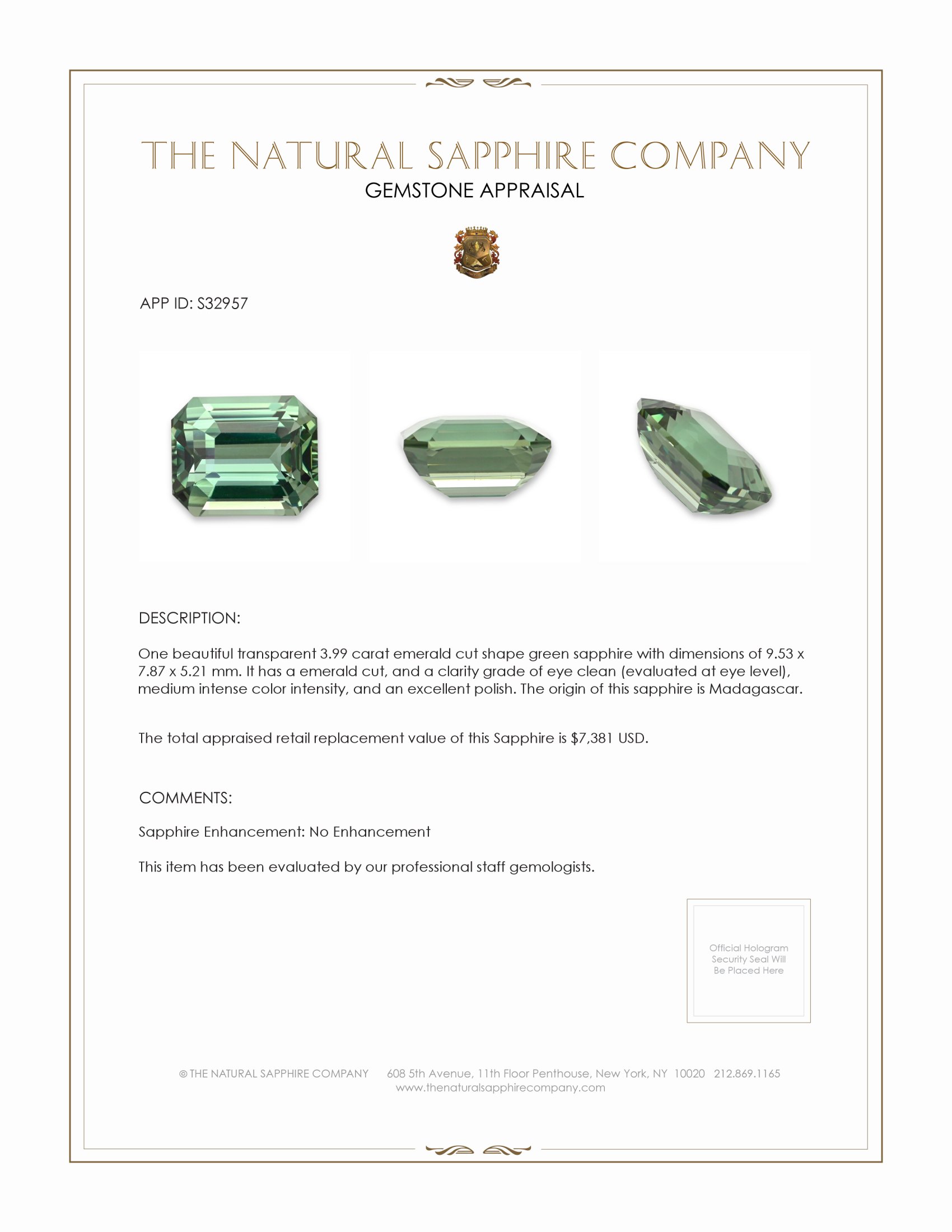 3.99 Ct. Green Sapphire from Madagascar