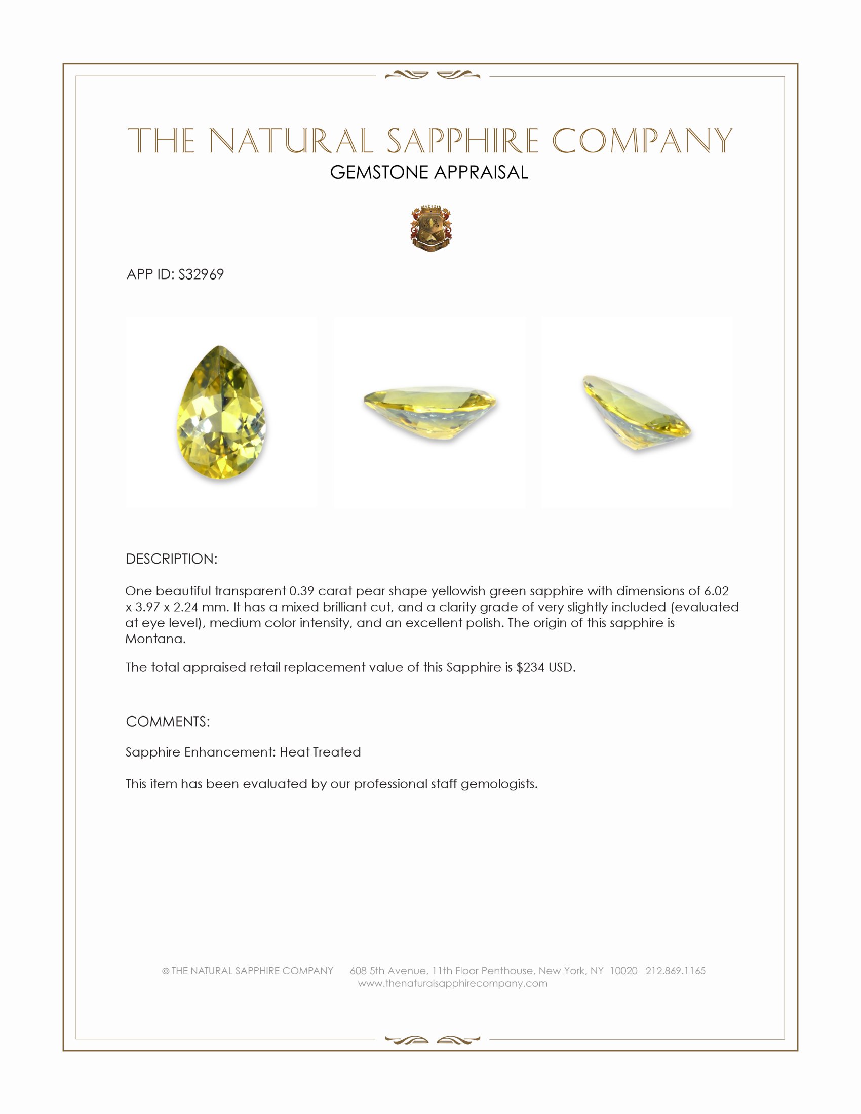 0.39 Ct. Yellowish Green Sapphire from Montana