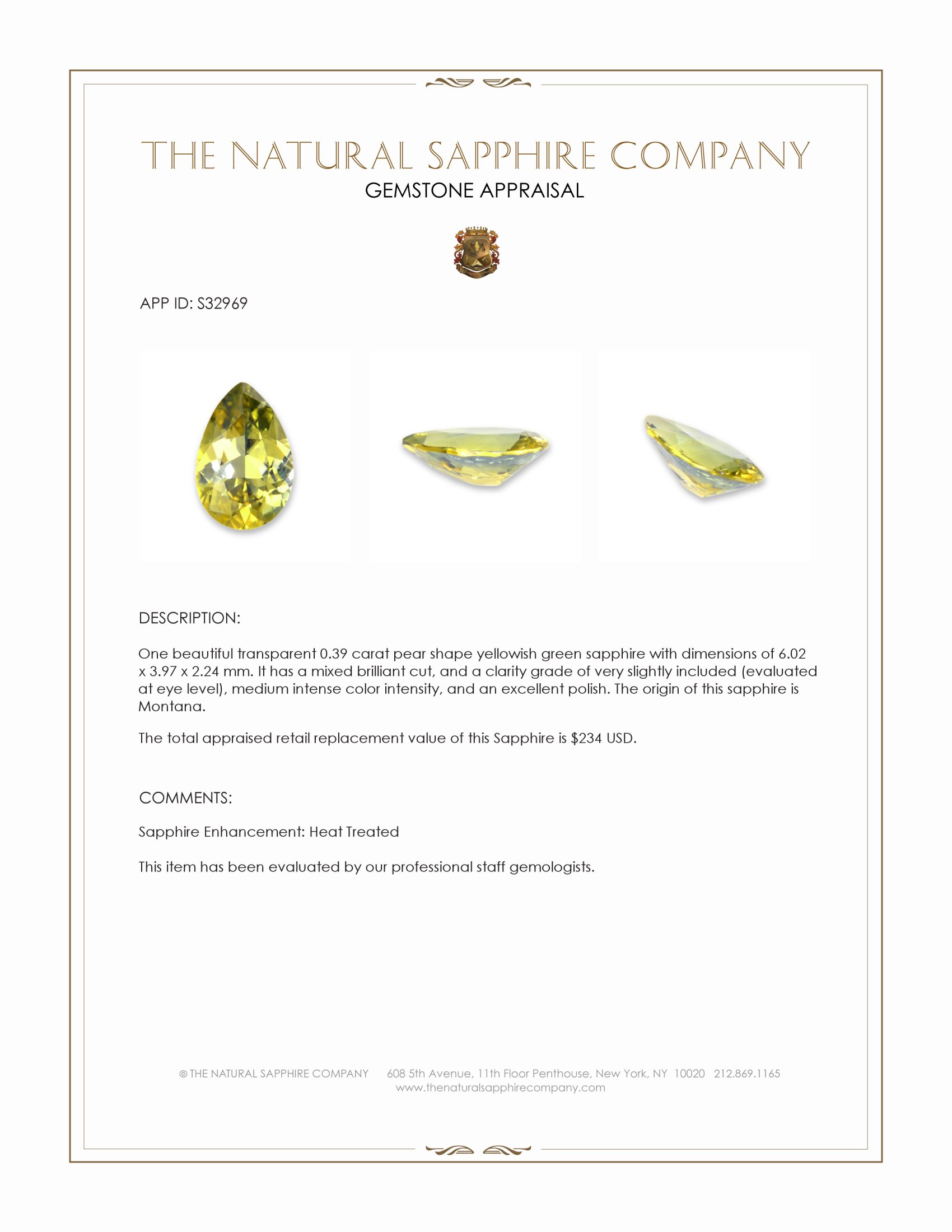 0.39 Ct. Yellowish Green Sapphire from Montana