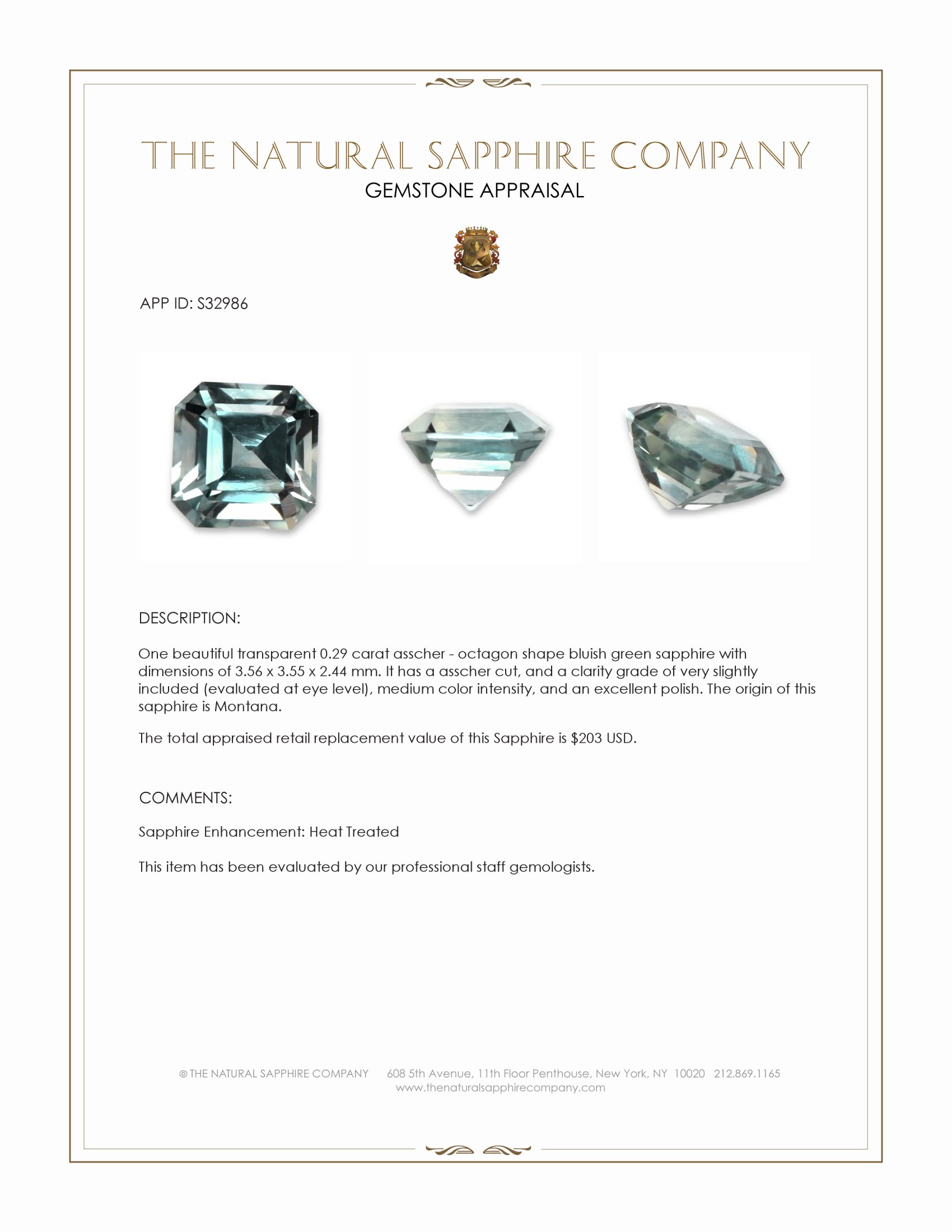 0.29 Ct. Bluish Green Sapphire from Montana