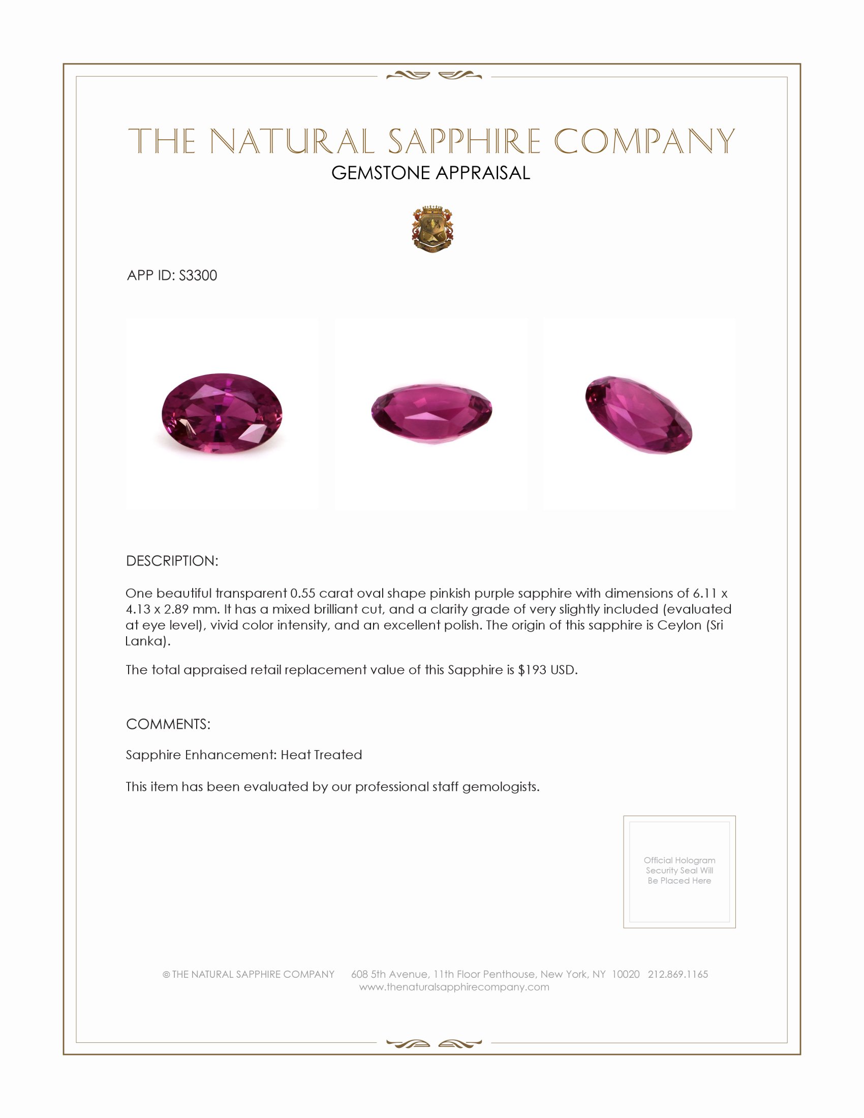 0.55 Ct. Pinkish Purple Sapphire from Ceylon (Sri Lanka)