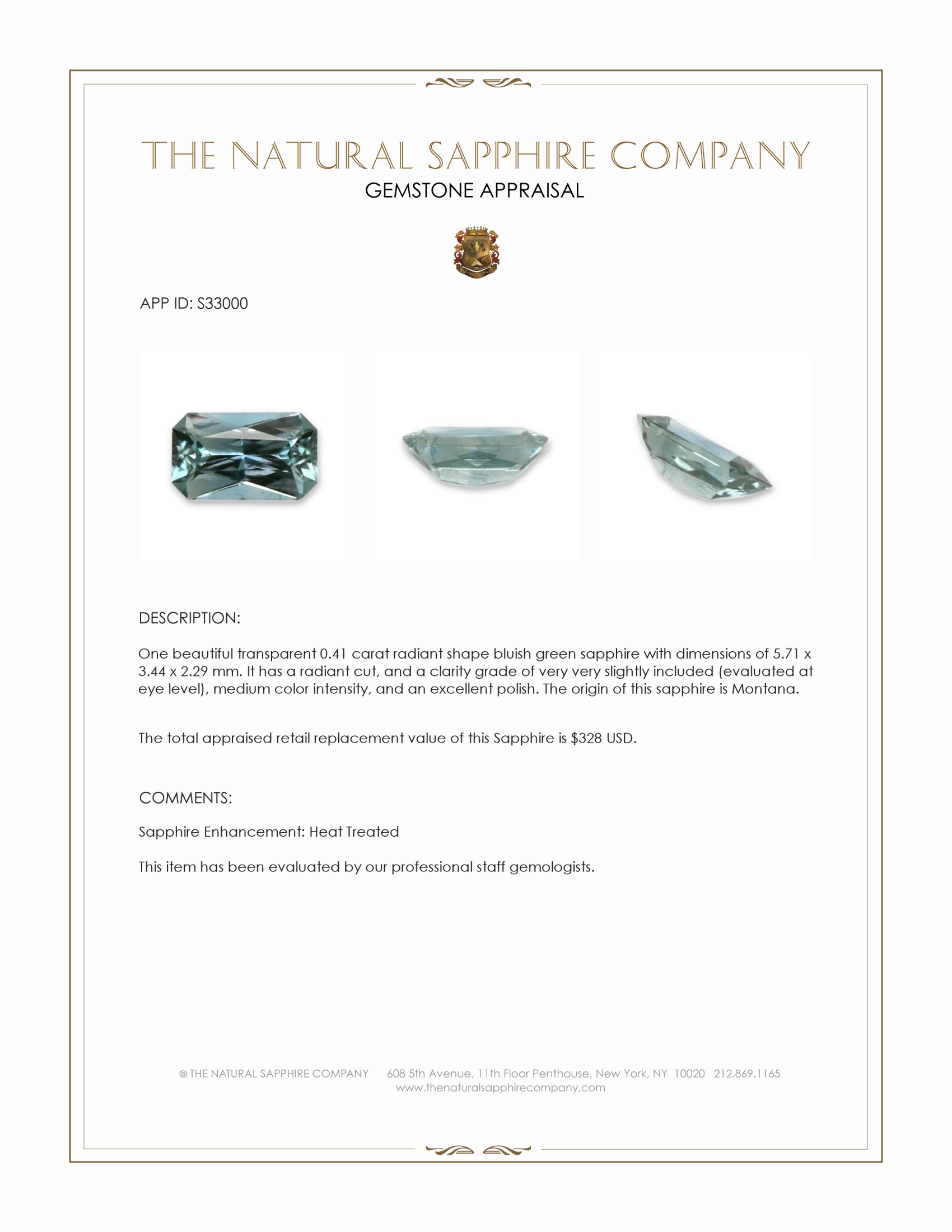 0.41 Ct. Bluish Green Sapphire from Montana