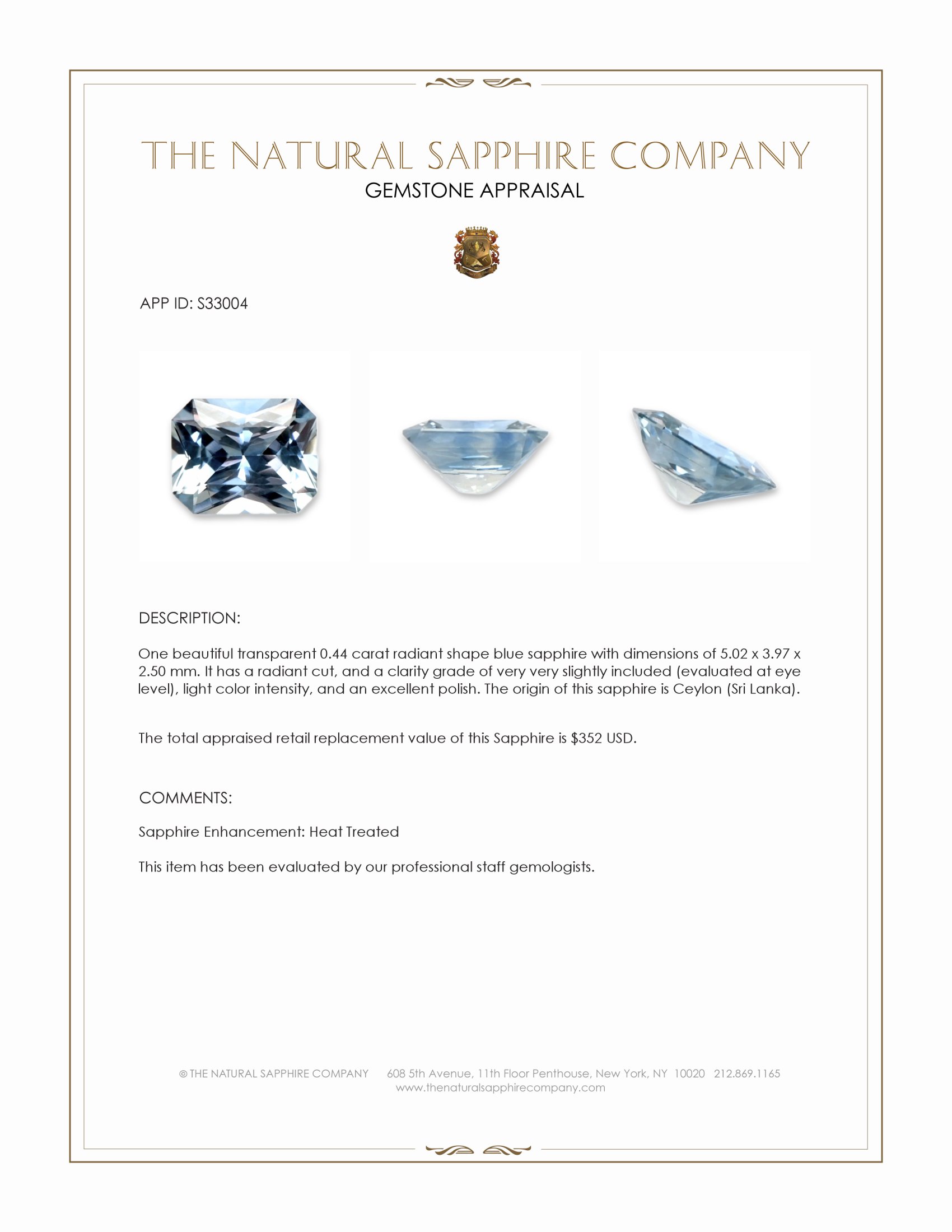 0.44 Ct. Blue Sapphire from Ceylon (Sri Lanka)