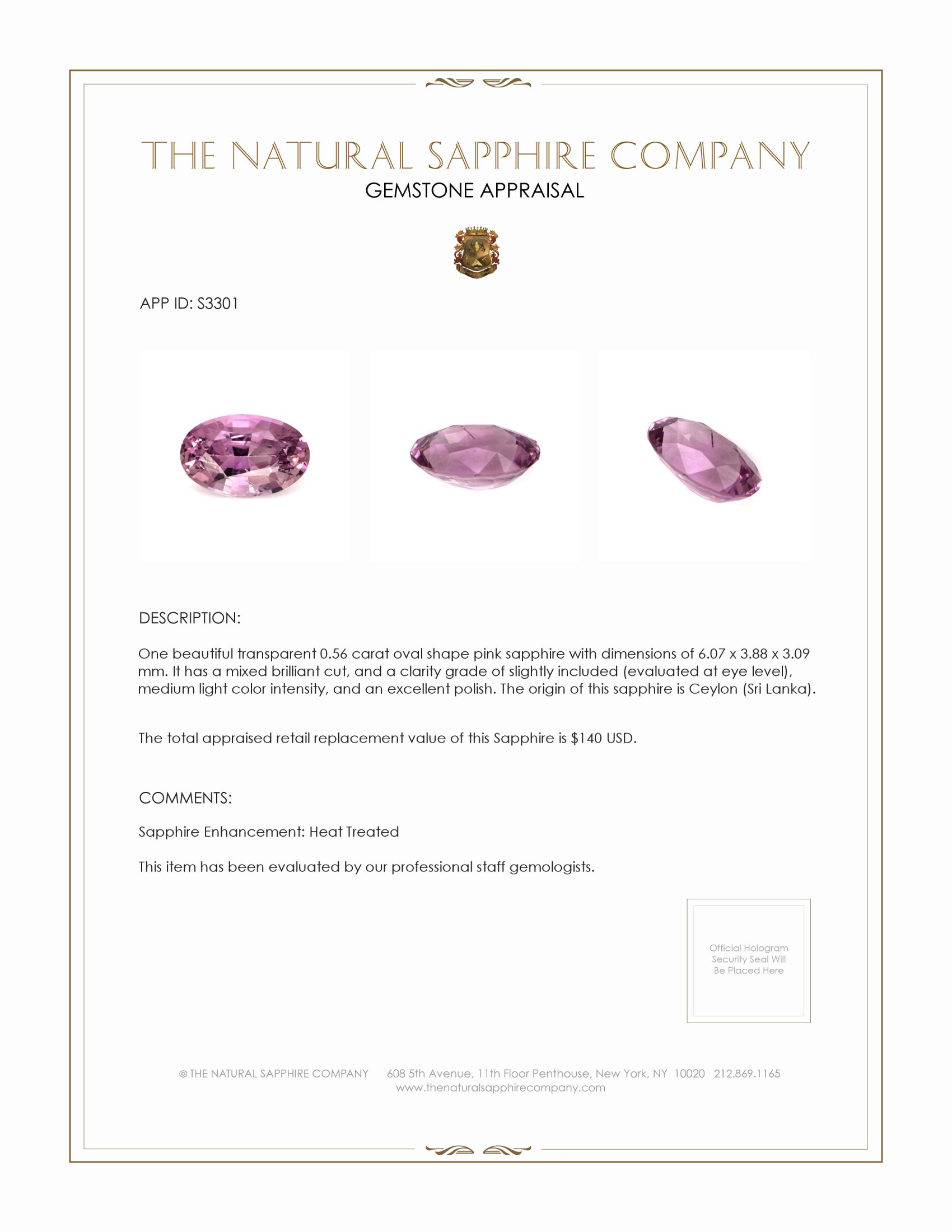 0.56 Ct. Pink Sapphire from Ceylon (Sri Lanka)