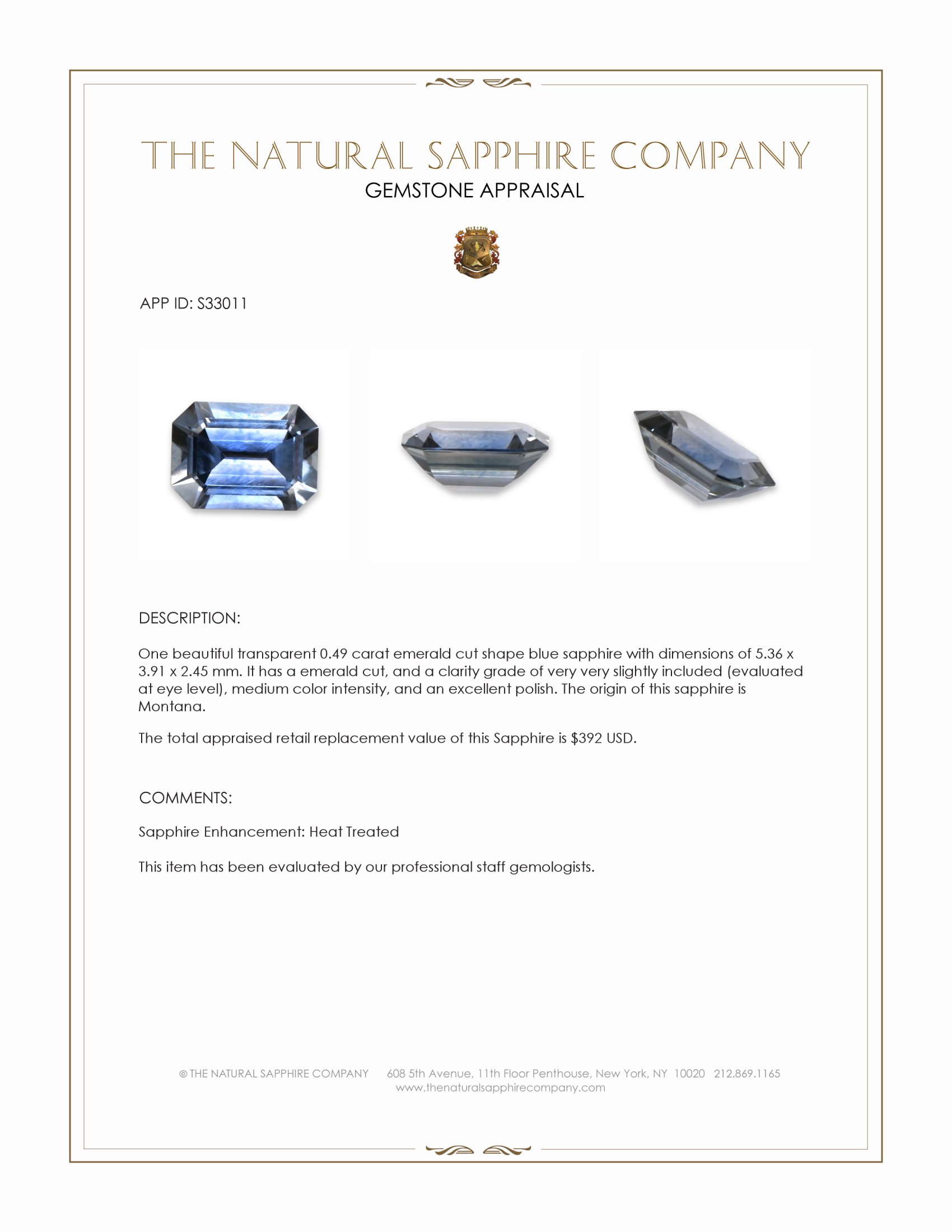 0.49 Ct. Blue Sapphire from Montana