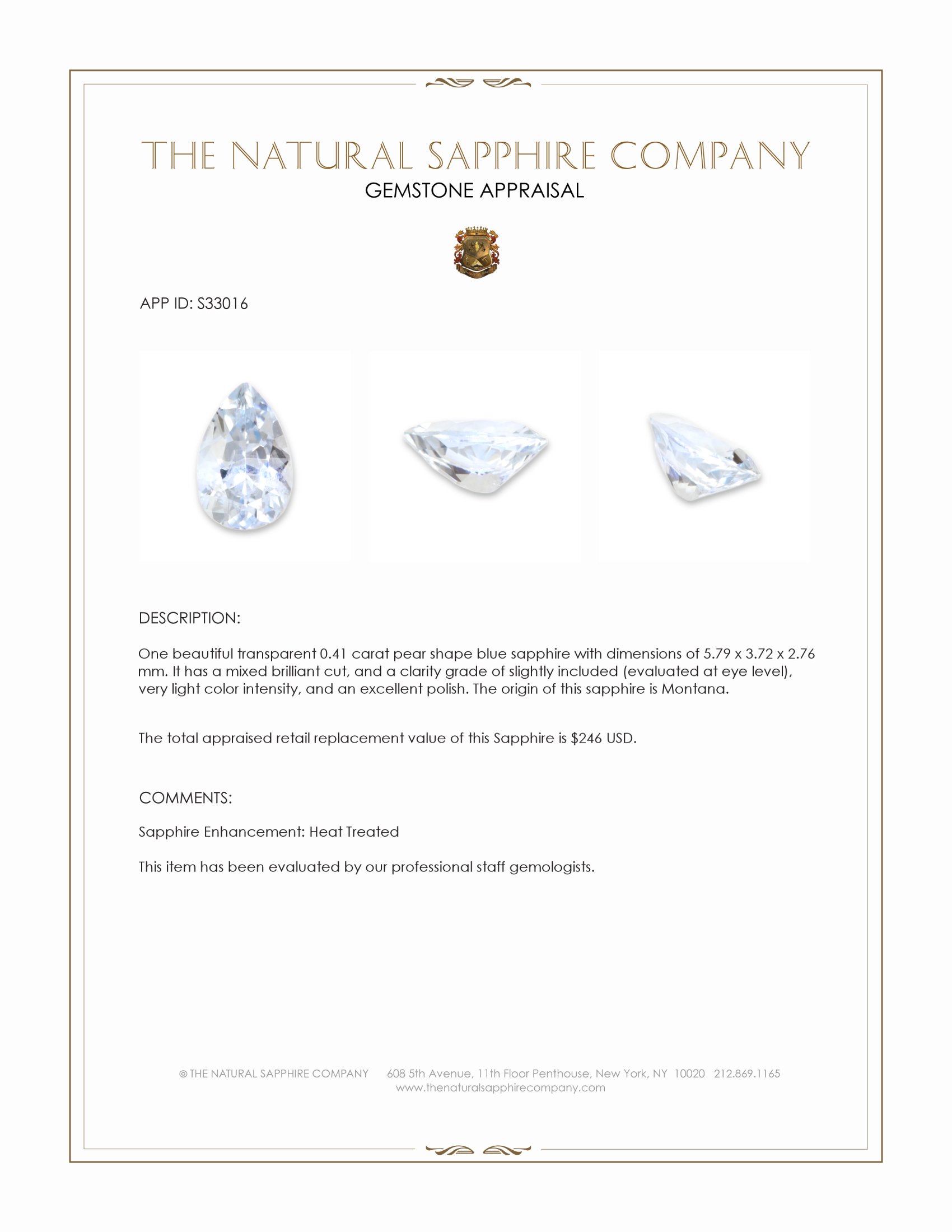 0.41 Ct. Blue Sapphire from Montana