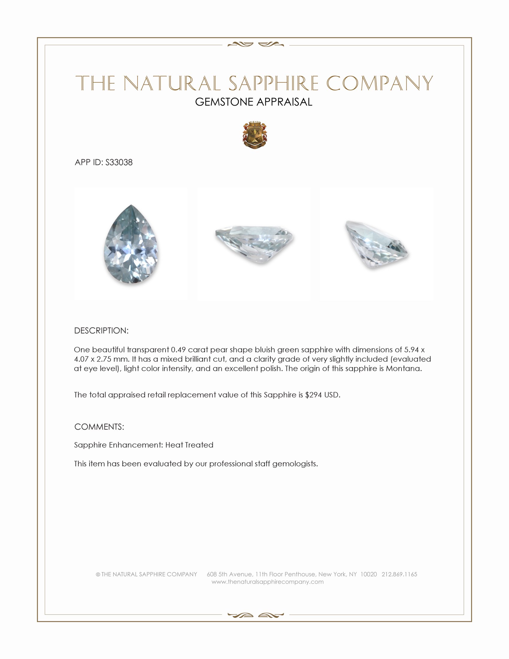 0.49 Ct. Bluish Green Sapphire from Montana