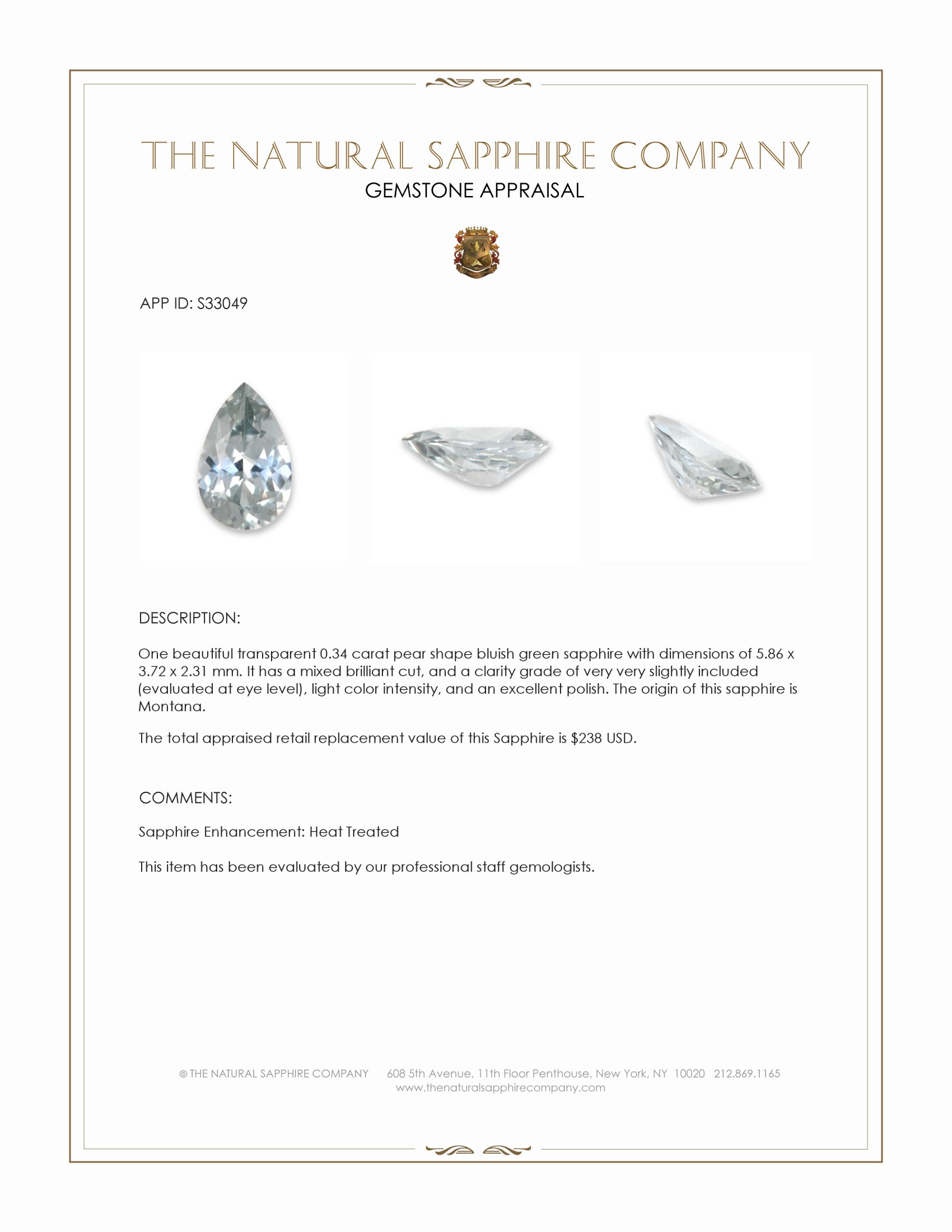 0.34 Ct. Bluish Green Sapphire from Montana