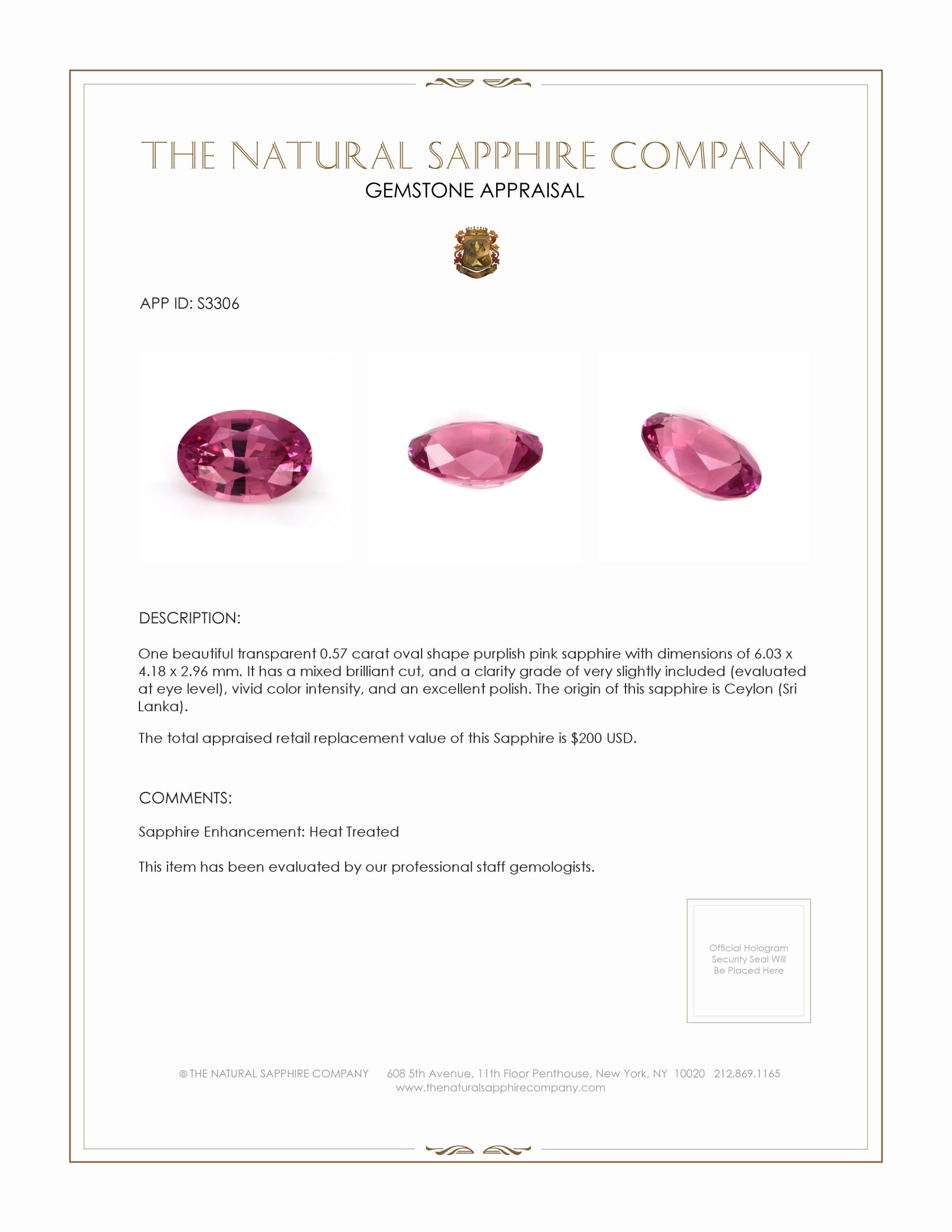 0.57 Ct. Purplish Pink Sapphire from Ceylon (Sri Lanka)