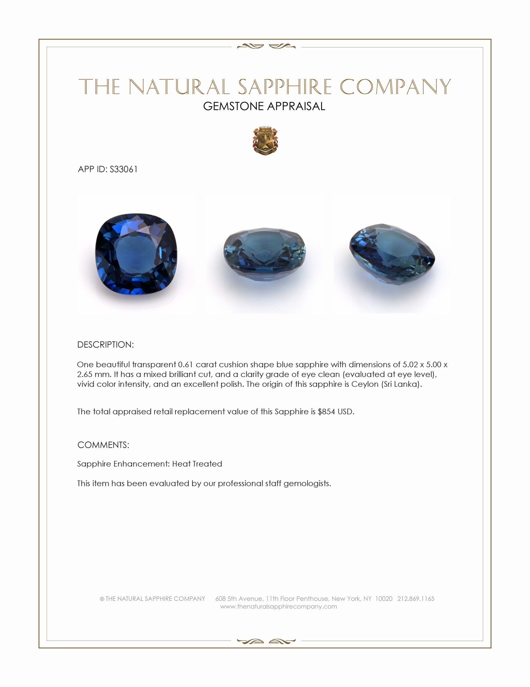 0.61 Ct. Blue Sapphire from Ceylon (Sri Lanka)