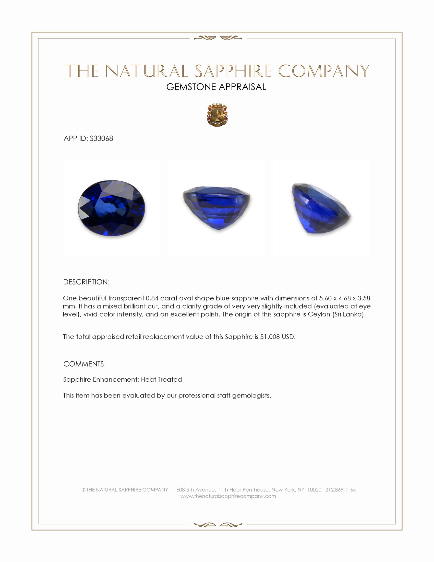 0.84 Ct. Blue Sapphire from Ceylon (Sri Lanka)