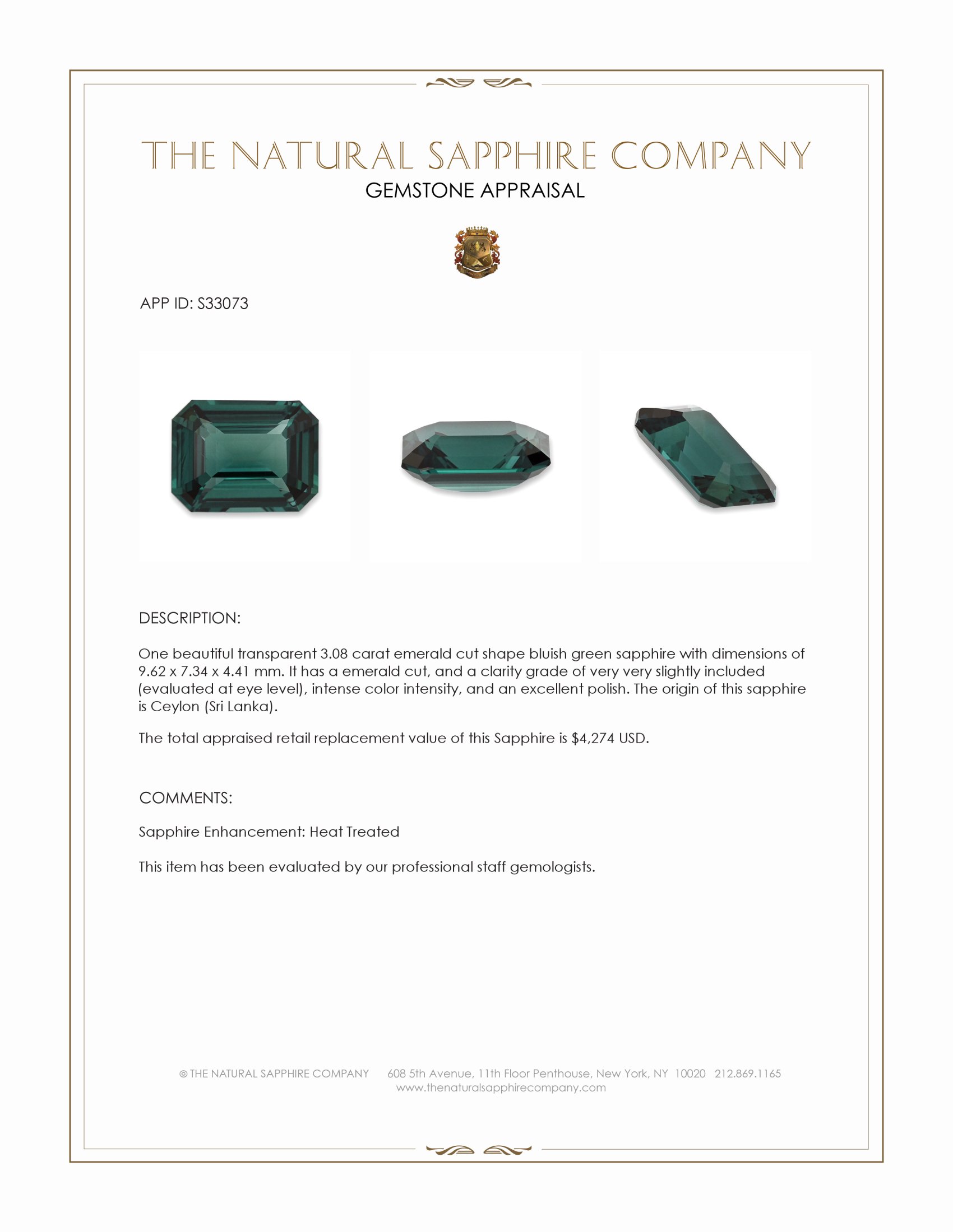 3.08 Ct. Bluish Green Sapphire from Ceylon (Sri Lanka)
