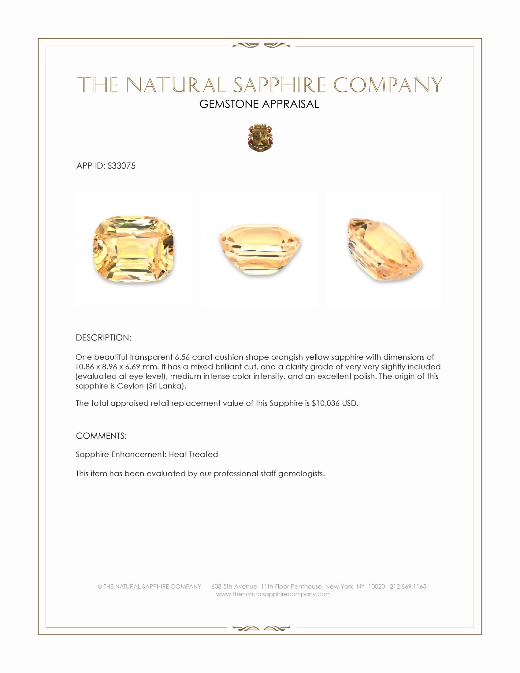 6.56 Ct. Orangish Yellow Sapphire from Ceylon (Sri Lanka)