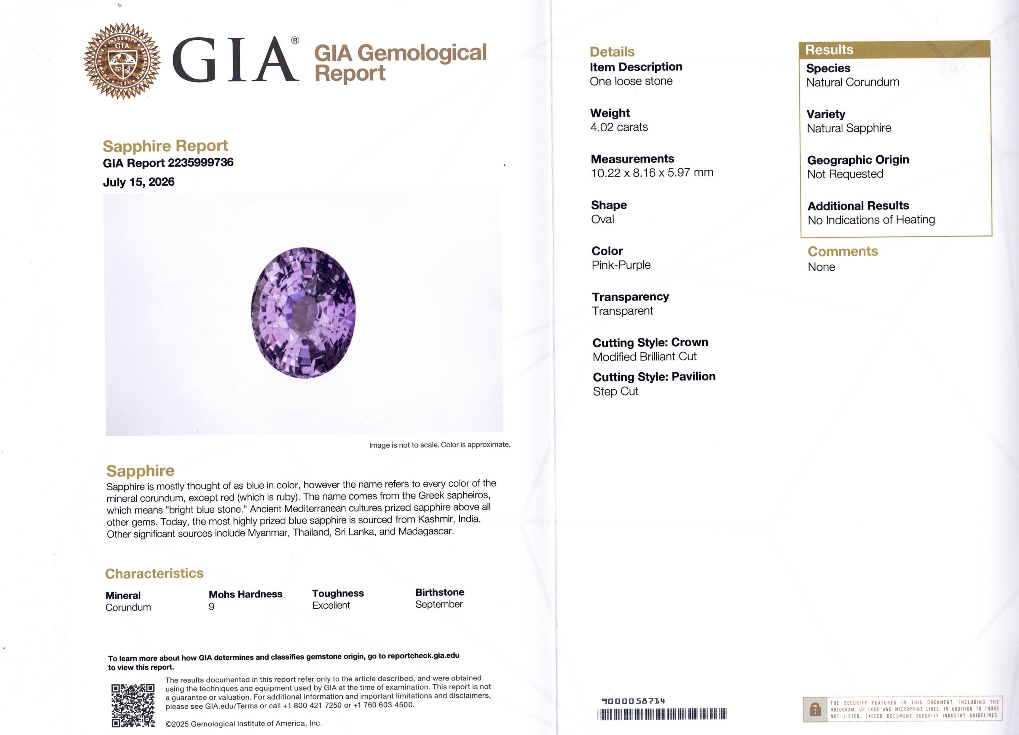 4.02 Ct. Pinkish Purple Sapphire from Ceylon (Sri Lanka)