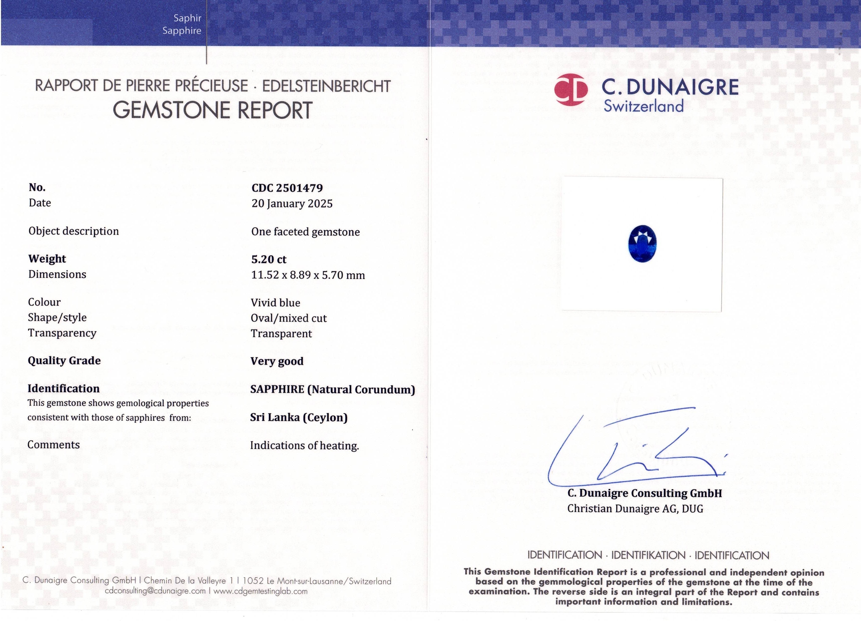 5.20 Ct. Blue Sapphire from Ceylon (Sri Lanka)