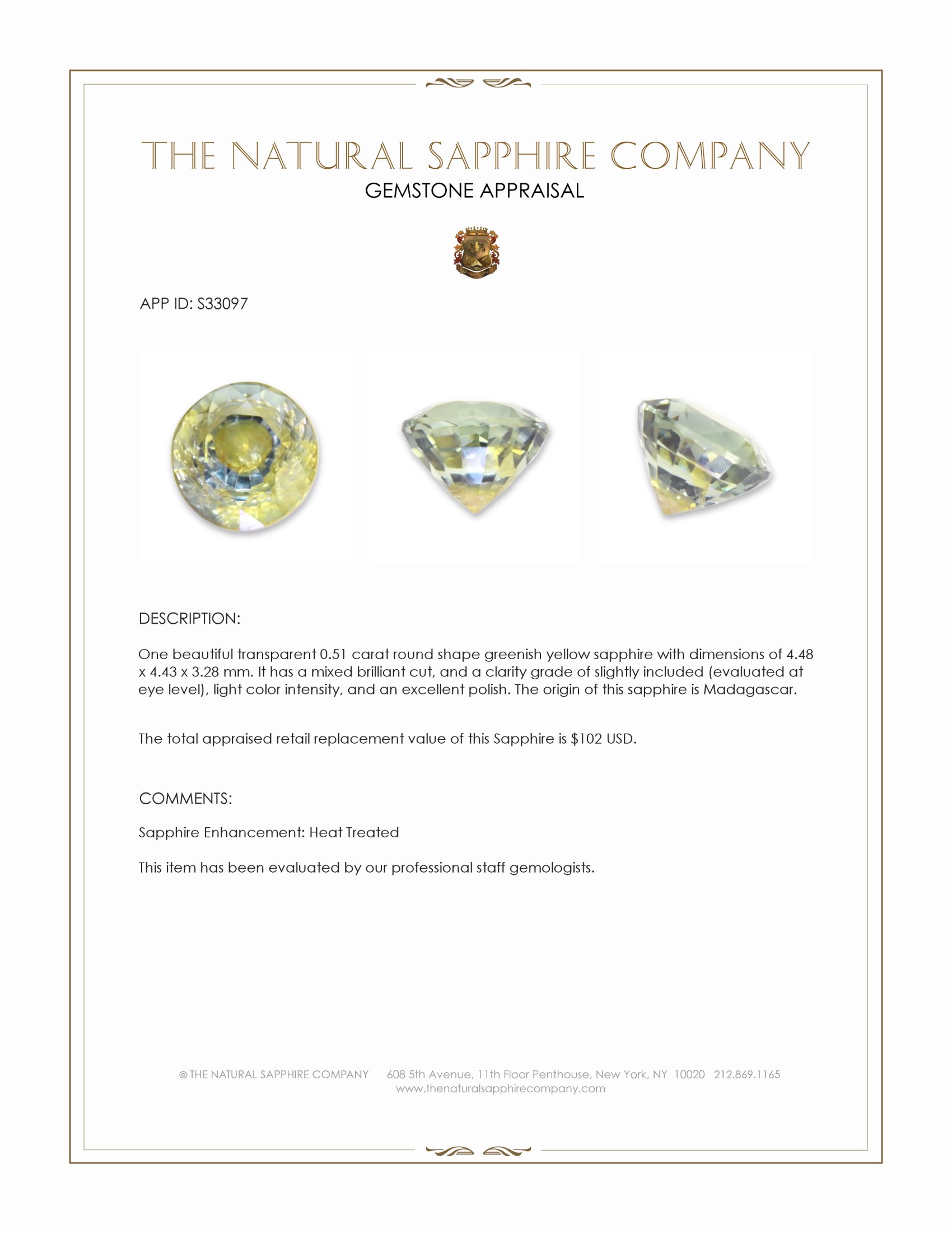 0.51 Ct. Greenish Yellow Sapphire from Madagascar