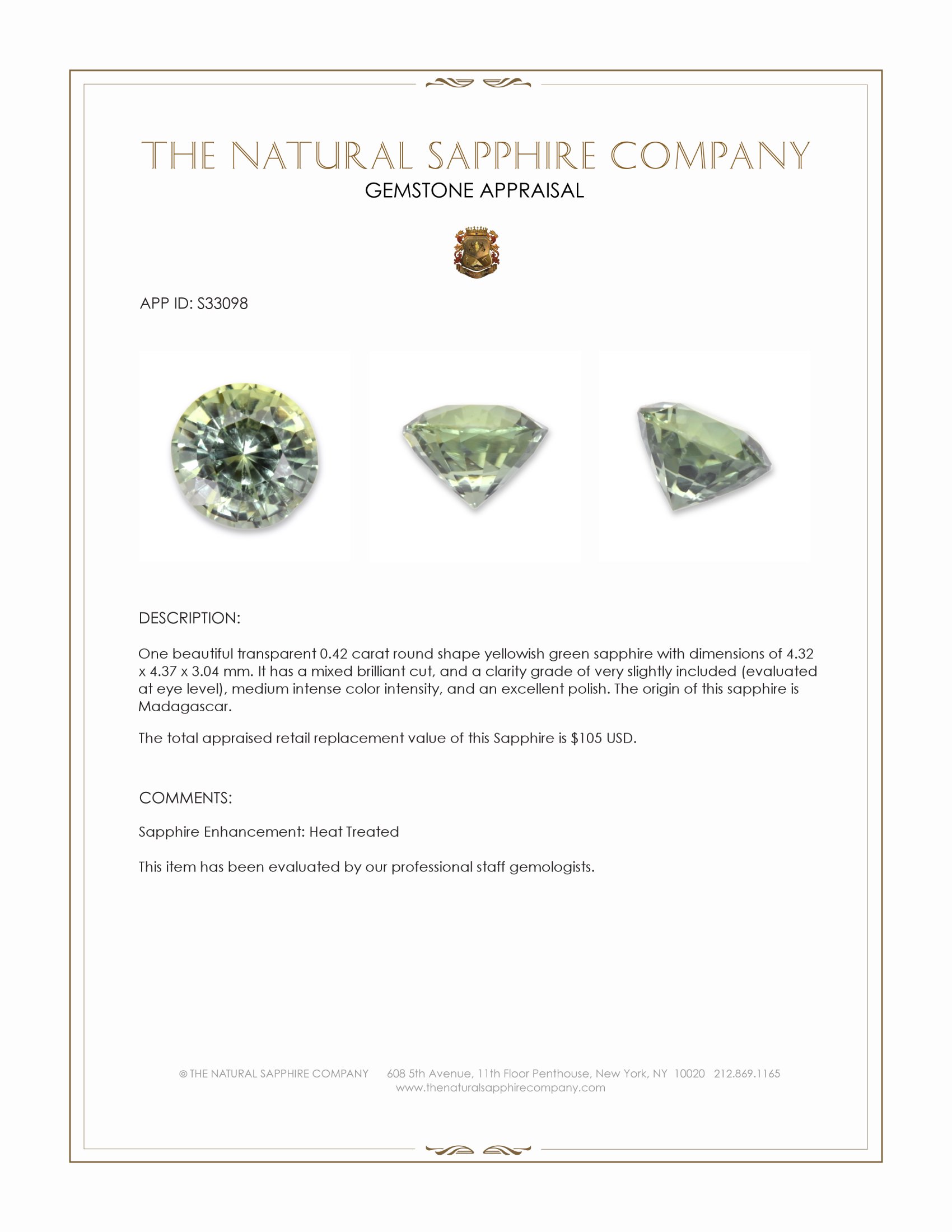 0.42 Ct. Yellowish Green Sapphire from Madagascar