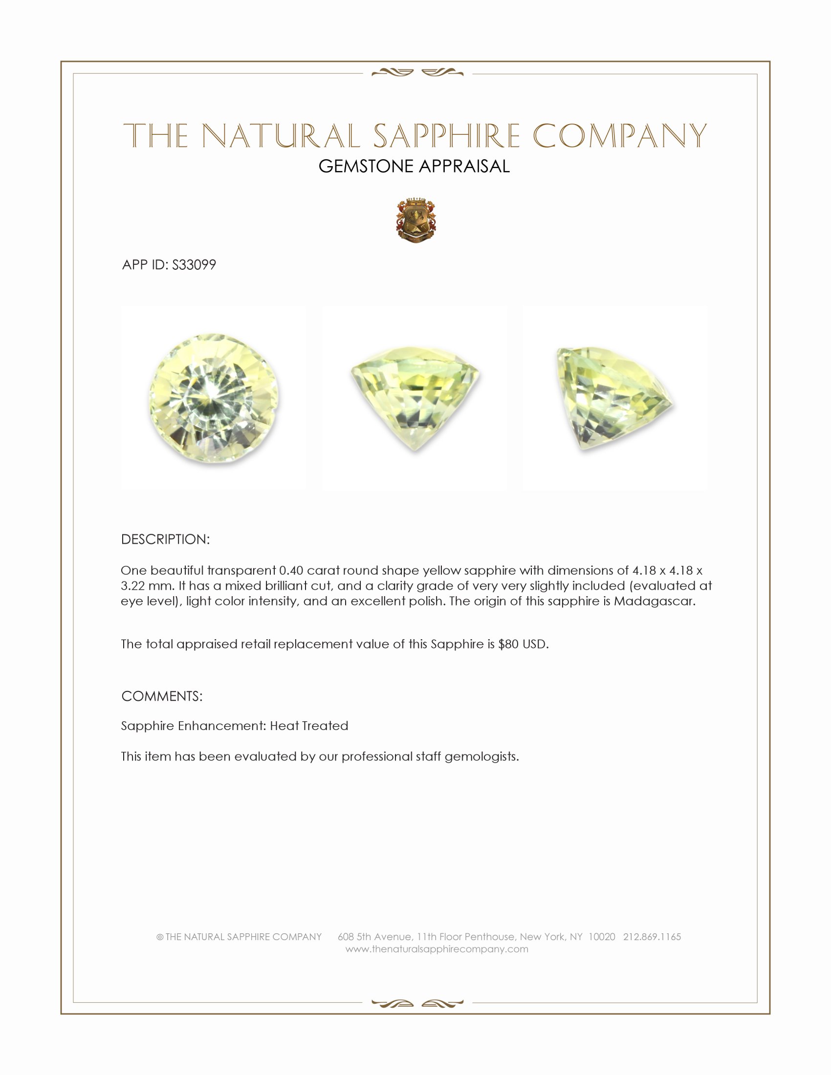 0.40 Ct. Greenish Yellow Sapphire from Madagascar