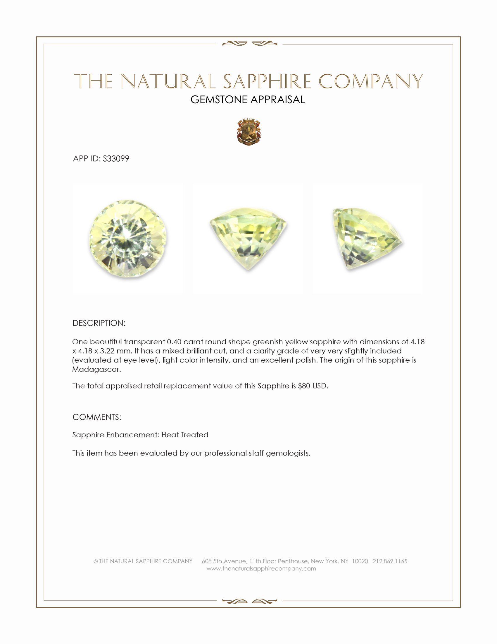 0.40 Ct. Greenish Yellow Sapphire from Madagascar