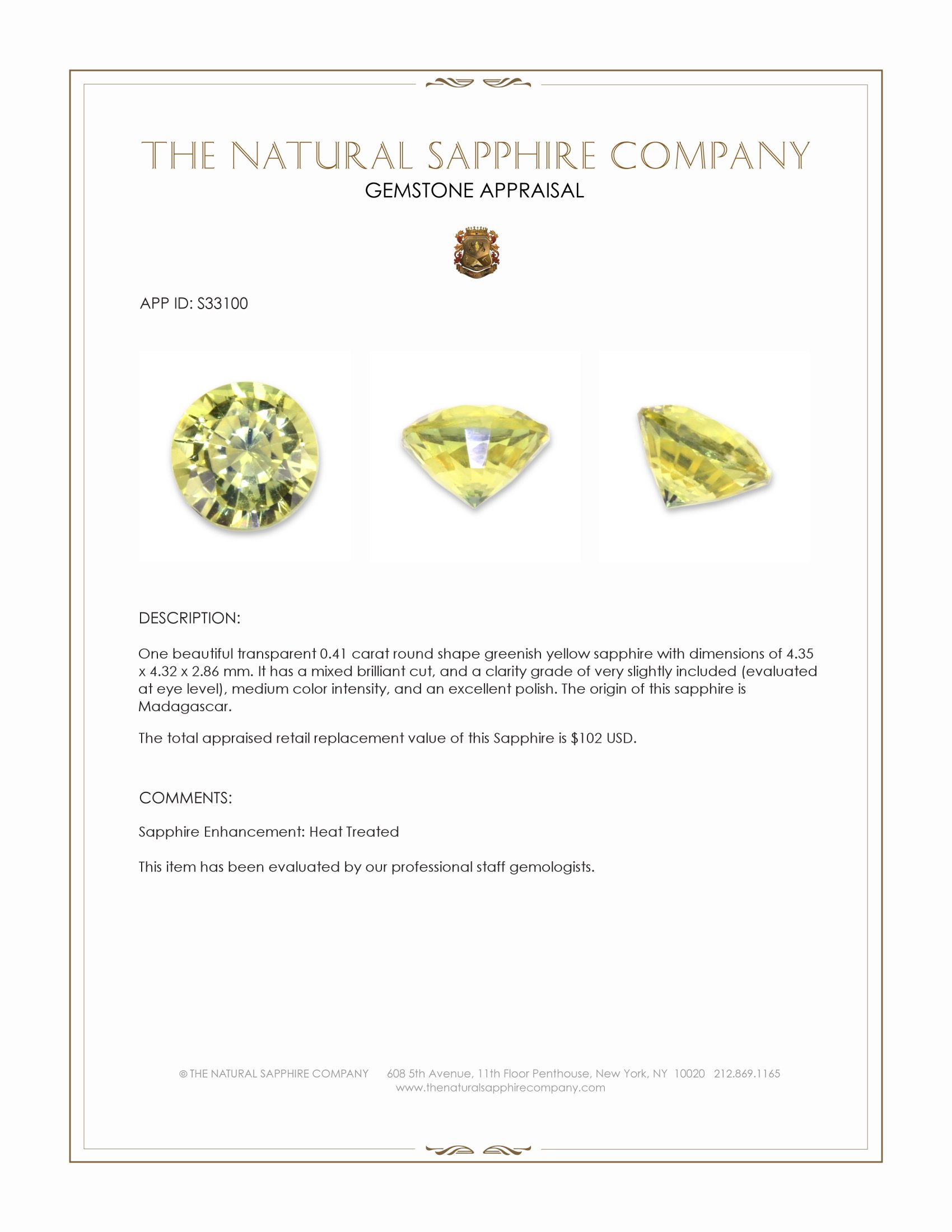 0.41 Ct. Greenish Yellow Sapphire from Madagascar