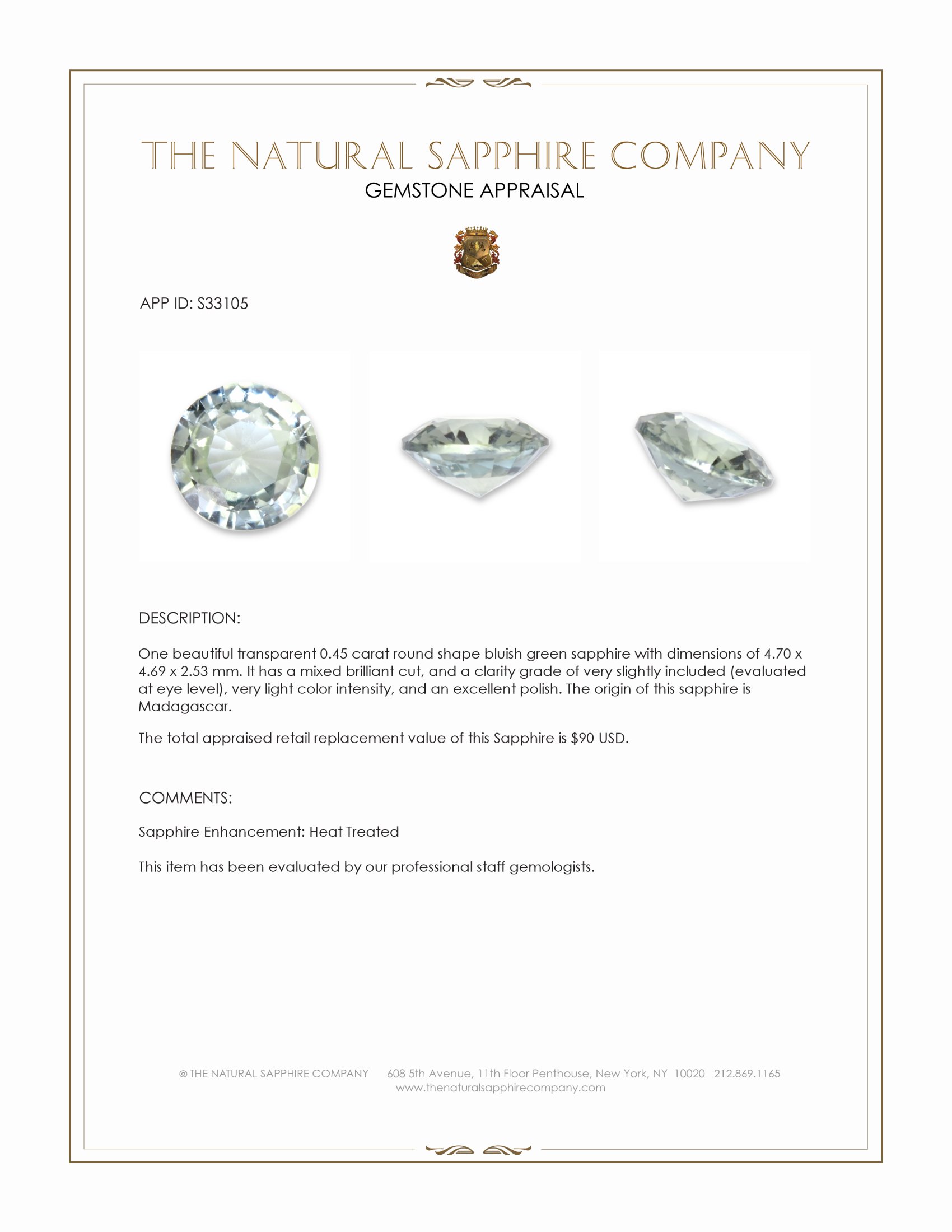 0.45 Ct. Bluish Green Sapphire from Madagascar