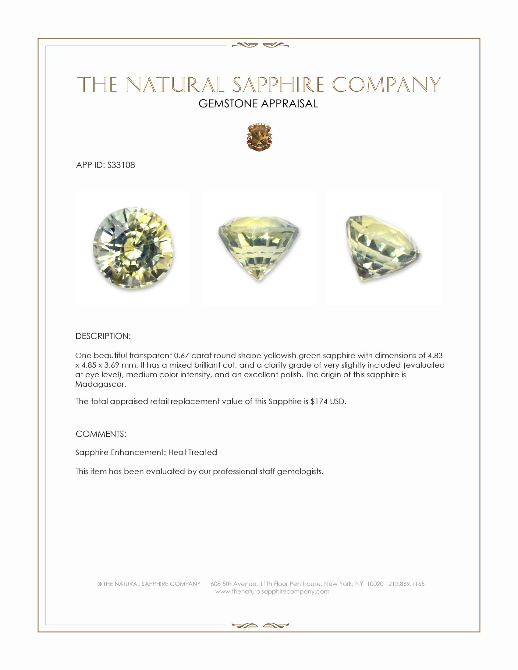 0.67 Ct. Yellowish Green Sapphire from Madagascar