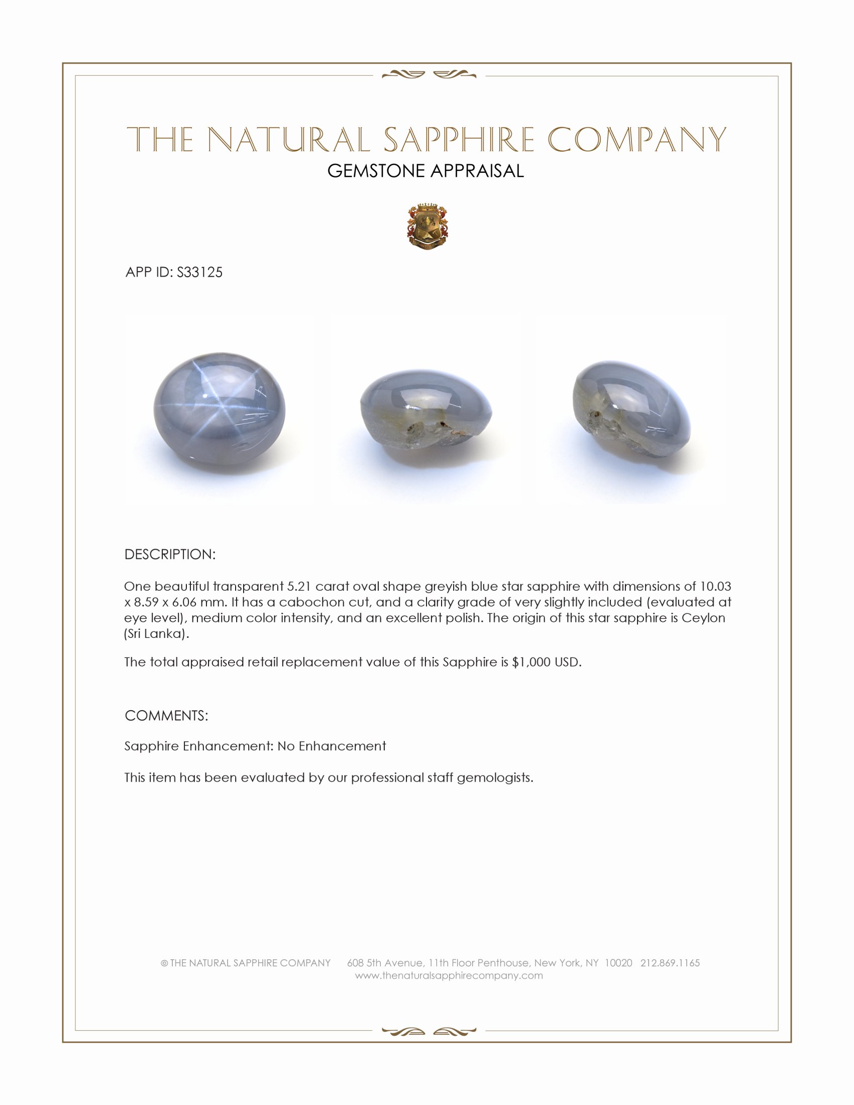 5.21 Ct. Greyish Blue Star Sapphire from Ceylon (Sri Lanka)