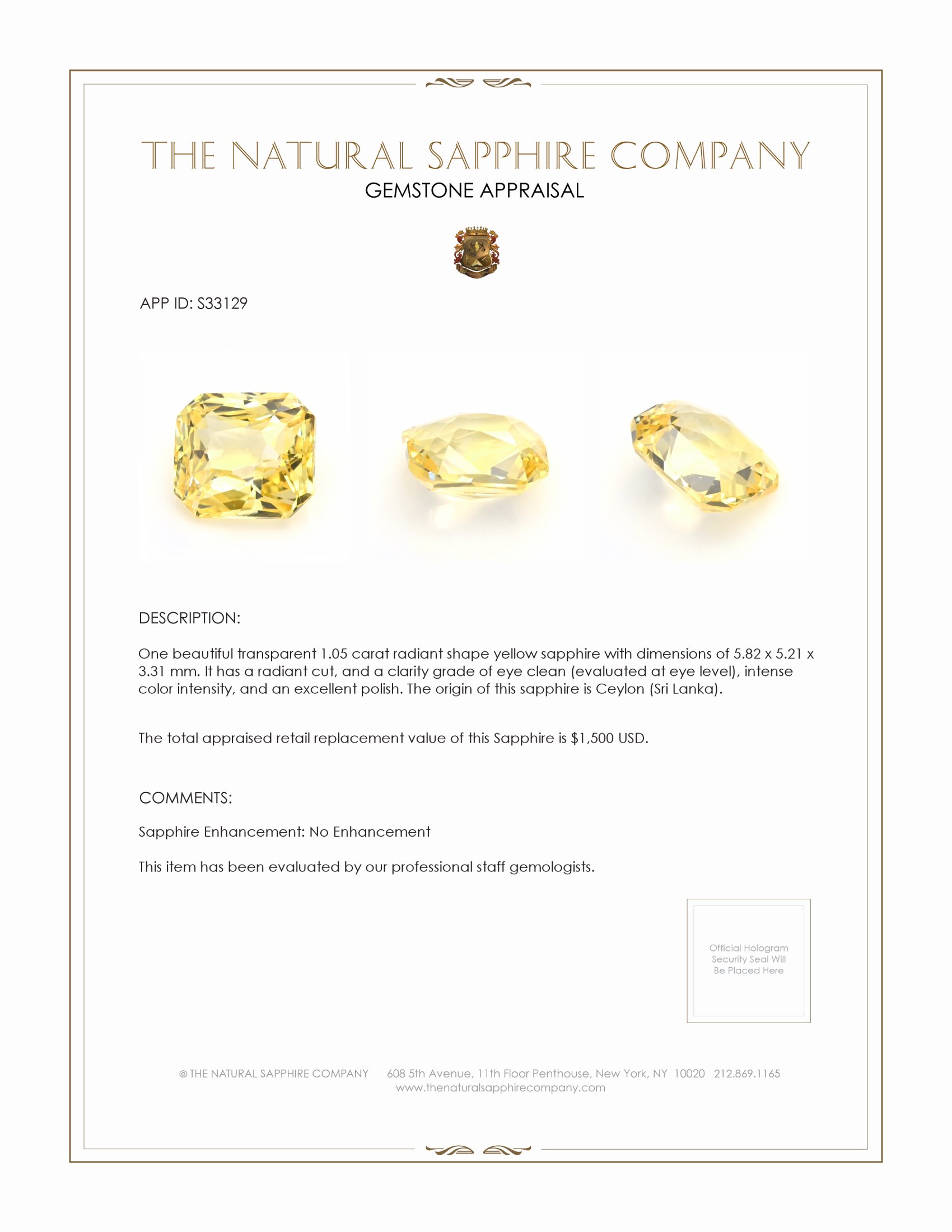 1.05 Ct. Yellow Sapphire from Ceylon (Sri Lanka)