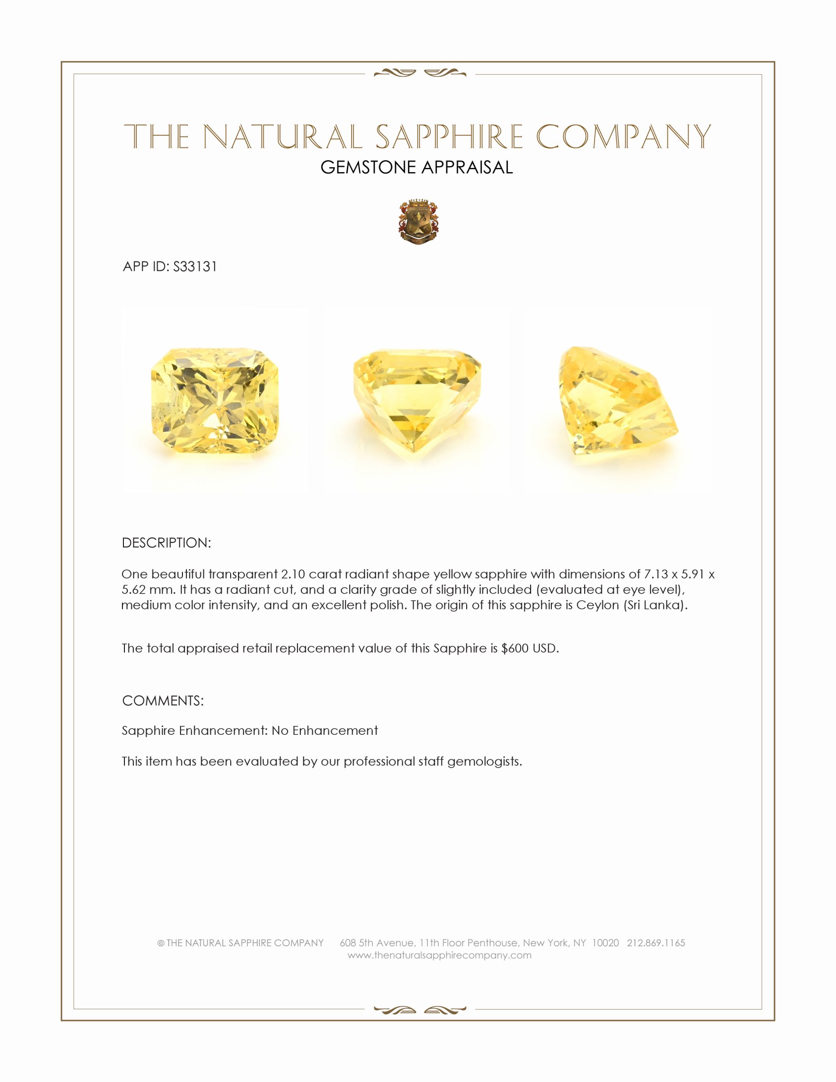 2.10 Ct. Yellow Sapphire from Ceylon (Sri Lanka)